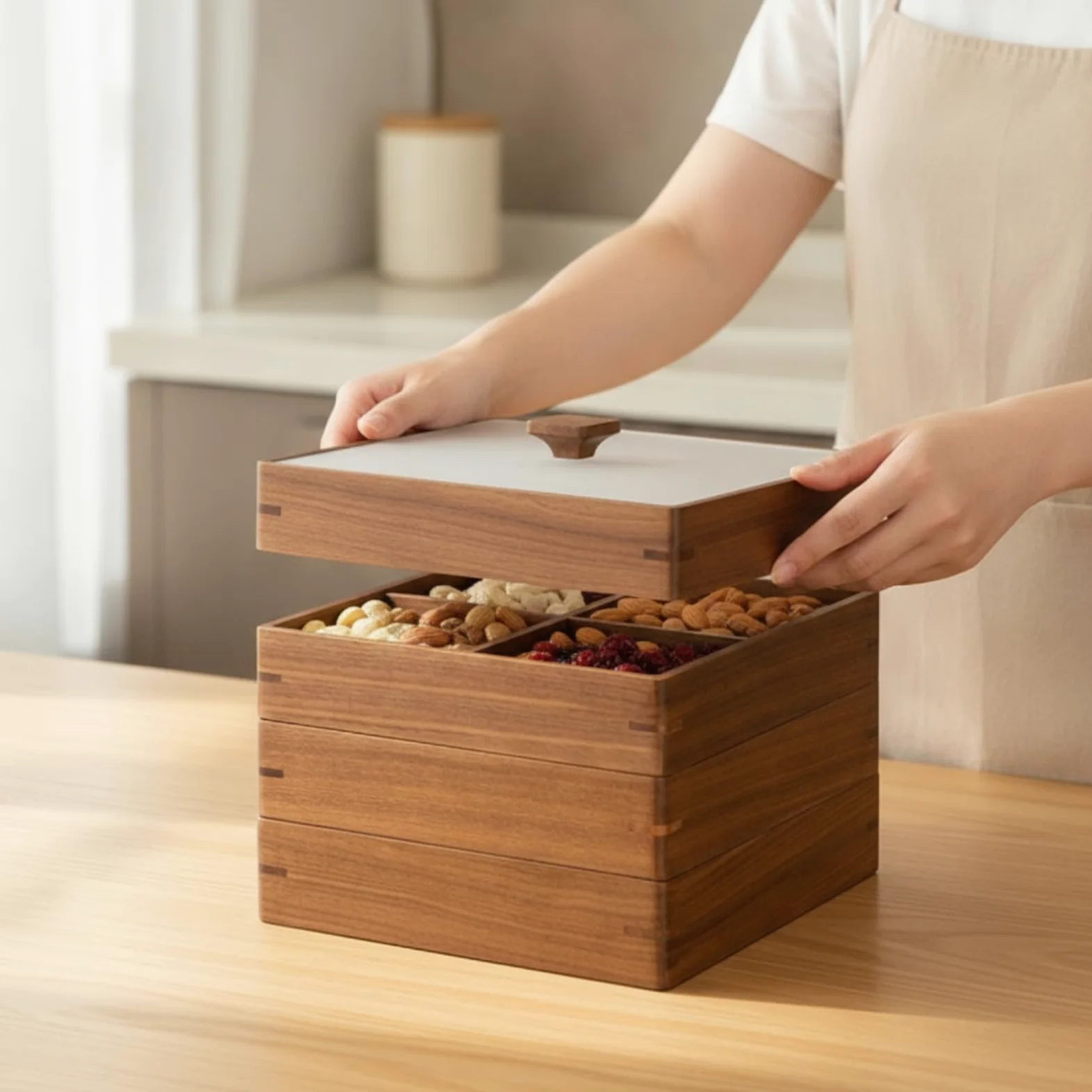 Boîte à Fruits Secs Élégant Boîte En Bois avec Couvercle Fonctionnel pour Heure du Thé, Deux Couches