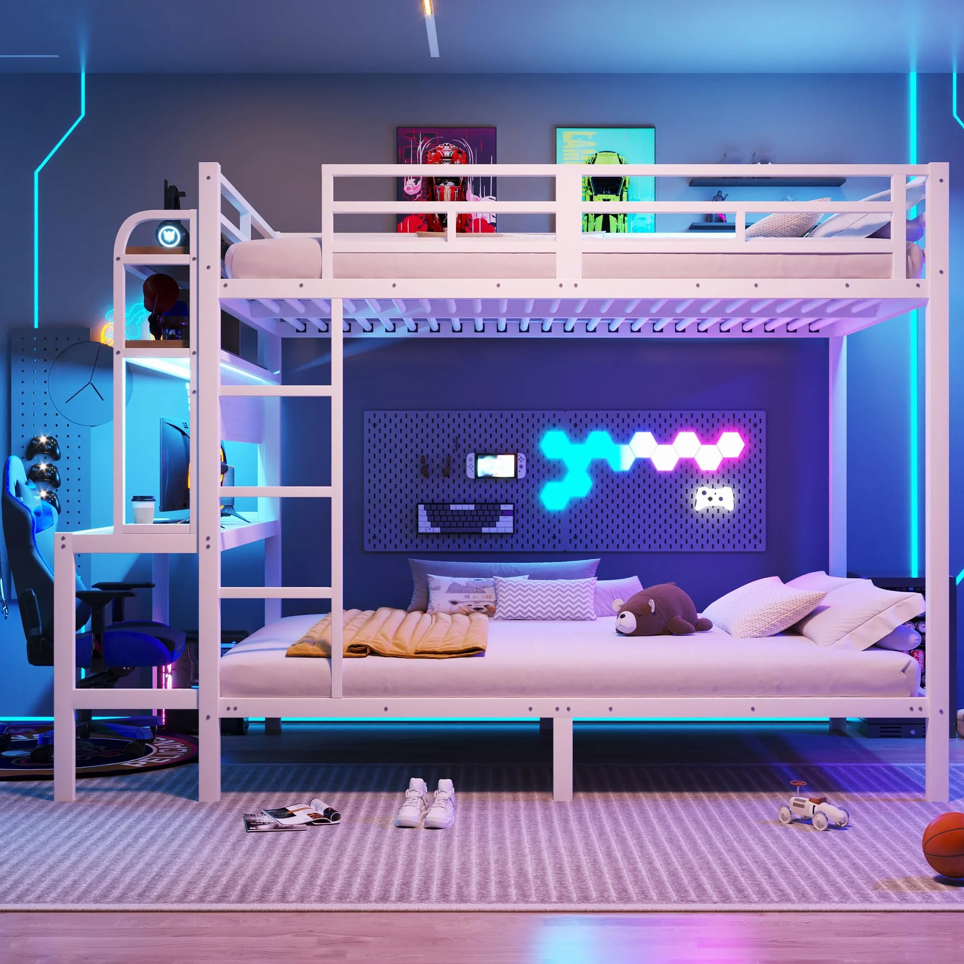 Zepneiy Lit Enfant avec Barre Lumineuse LED et Port USB, Lit Superposé Enfant 140x200 avec échelle de sécurité et Compartiment de Rangement, Cadre de en Fer Blanc(sans Matelas)