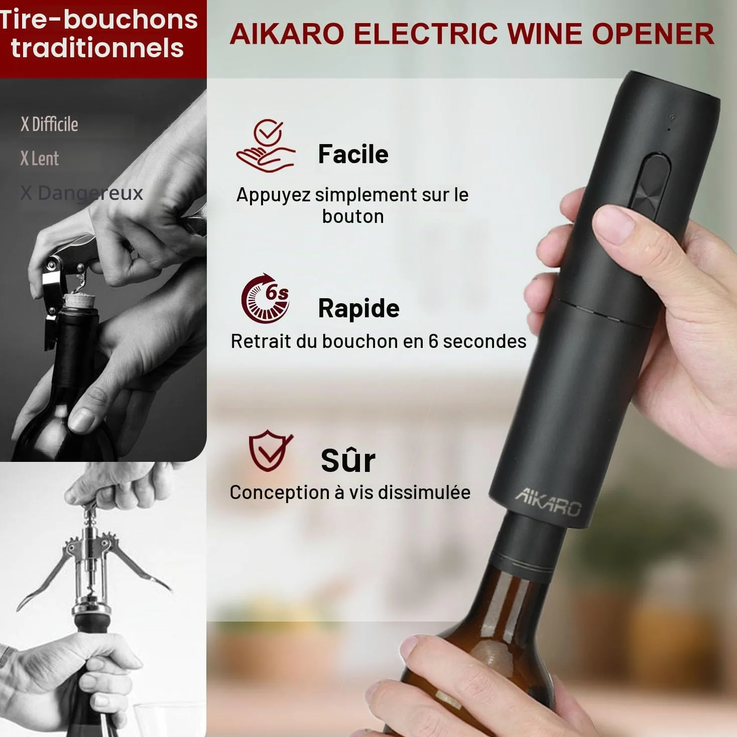 AIKARO - Tire-bouchon Électrique, Ouvre-bouteilles de Vin Automatique, Rechargeable (Set C)
