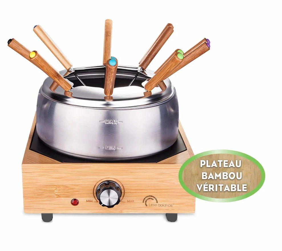 LITTLE BALANCE 8320 Wood Fondue 8 Inox - Appareil à fondue 8 personnes - Caquelon Inox anti-adhésif grande contenance 2 litres - Puissance 800 W - Finition Bambou véritable