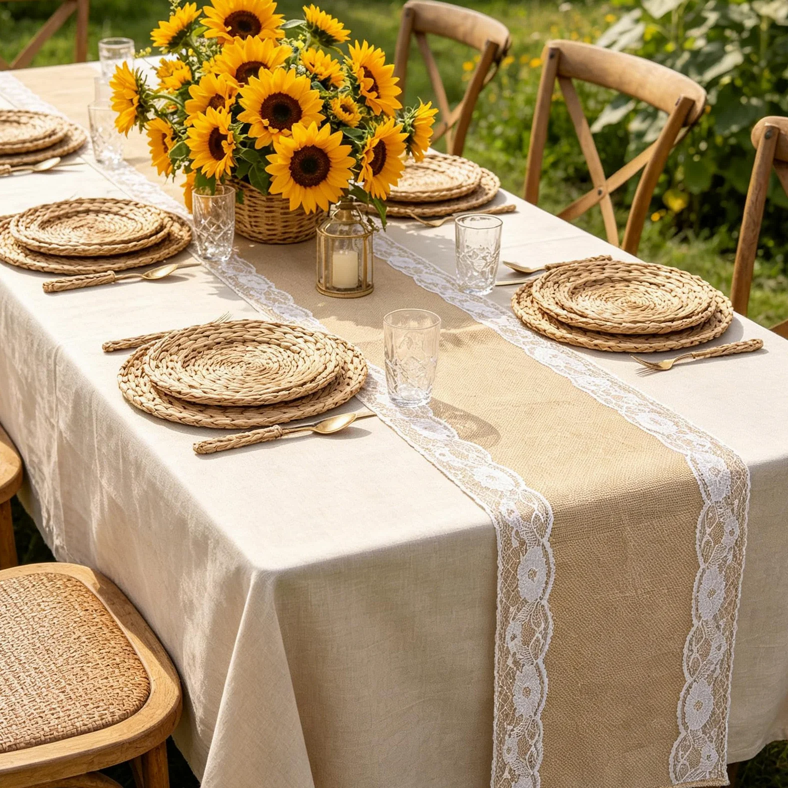 VOSAREA 12 Pièces Chemin de Table et Résistant Déformation en Lin Rustique 30 X 178 Cm Bordure Blanche, Lavable en Machine pour Mariage et Réception