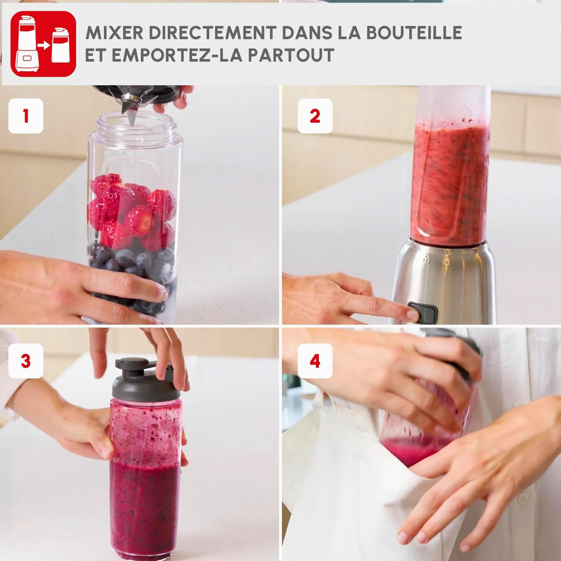 Moulinex Mix & Move Blender mixeur, 300W, Capacité utile 0,6 L, 2 bouteilles à emporter en Tritan, Compact, Ergonomique, Lames amovibles LM15FD10, Métal
