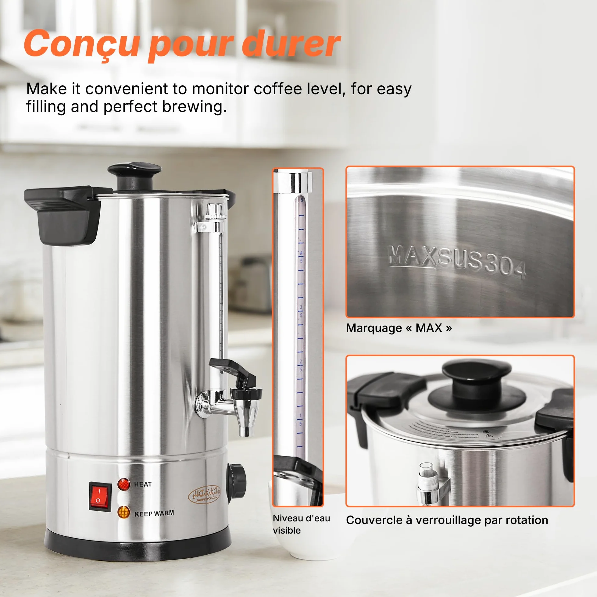 Hakka Percolateur à Café 7L/50 Tasses, Professionnelle Percolateur en Acier Inoxydable, Grand Distributeur de Café, Commercial Percolateurs électrique avec Indicateur de Niveau D'eau (Max: 5,7L)