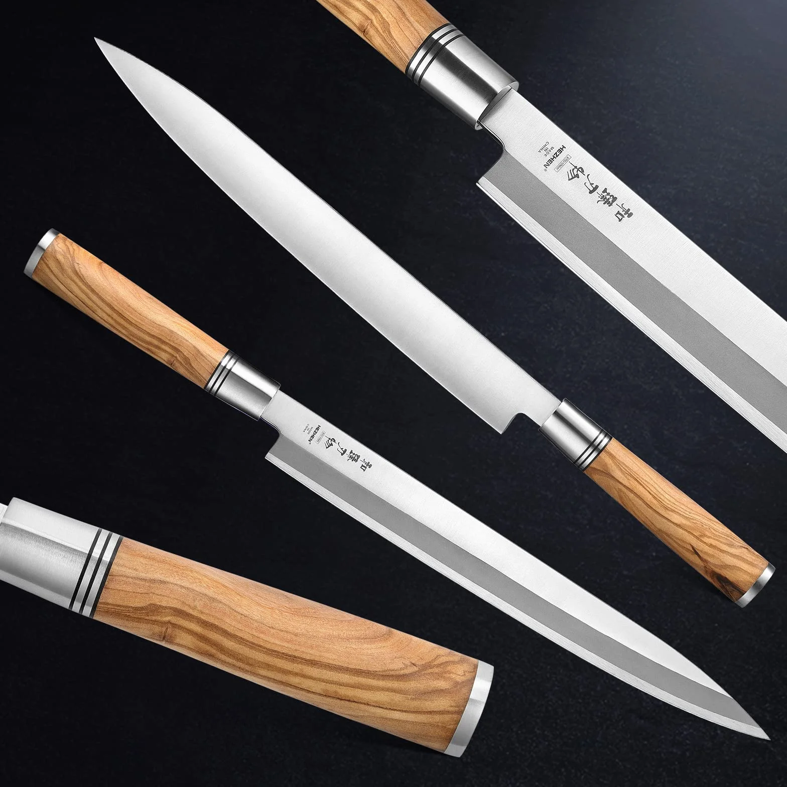 Couteau Yanagiba HEZHEN 300 mm, acier forgé, manche bois