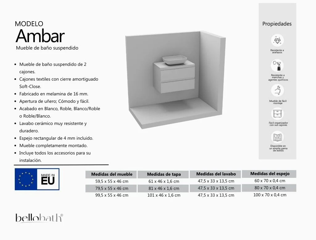 BELLOBATH - Meuble Salle de Bain avec Lavabo en Céramique et Miroir, Meuble de Rangement Salle de Bain, 2 Tiroirs 80 x 55 x 46 cm, Meuble Chêne/Blanc