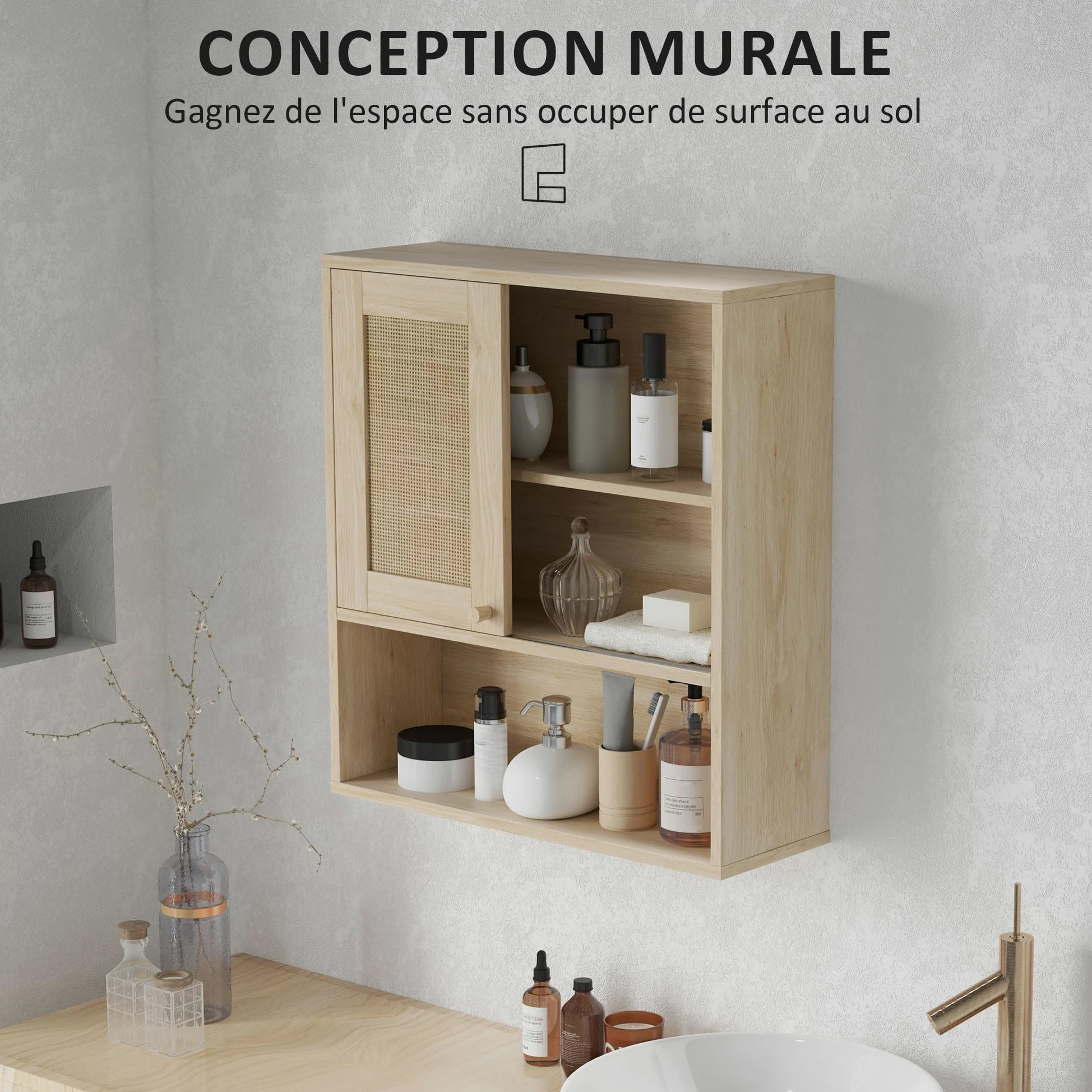 HOMCOM Armoire murale, meuble haut salle de bain avec porte coulissante en rotin et étagères ouvertes, meuble de salle de bain style bohème, meuble de rangement suspendu, 60 x 20 x 65 cm, bois naturel