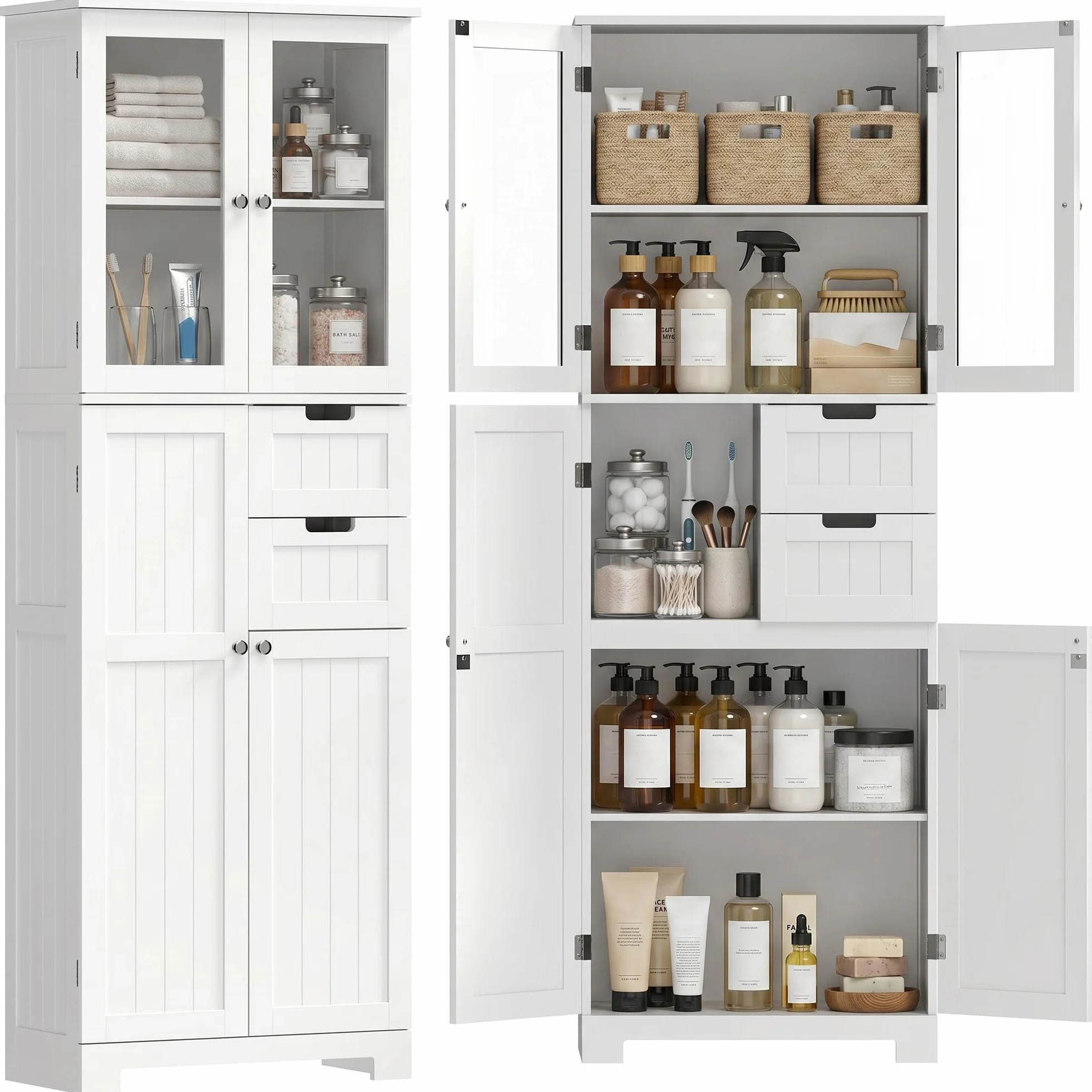 HOMCOM Meuble de Salle de Bain Haut, Meuble de Rangement, Colonne Salle de Bain avec 4 Portes Dont 2 vitrées, 2 tiroirs et étagères réglables, Style Moderne, pour Salon, Chambre, 60x30x170cm, Blanc