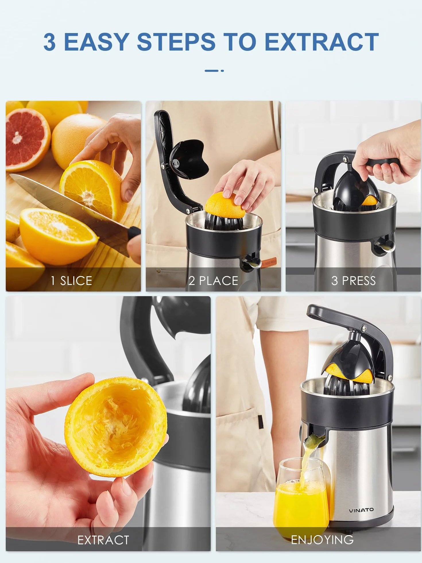 Vinato Presse agrumes électrique, presse-orange électrique avec 2 cônes interchangeables, lavable au lave-vaisselle, sans BPA, Presse agrumes électrique pour orange, citron et pamplemousse