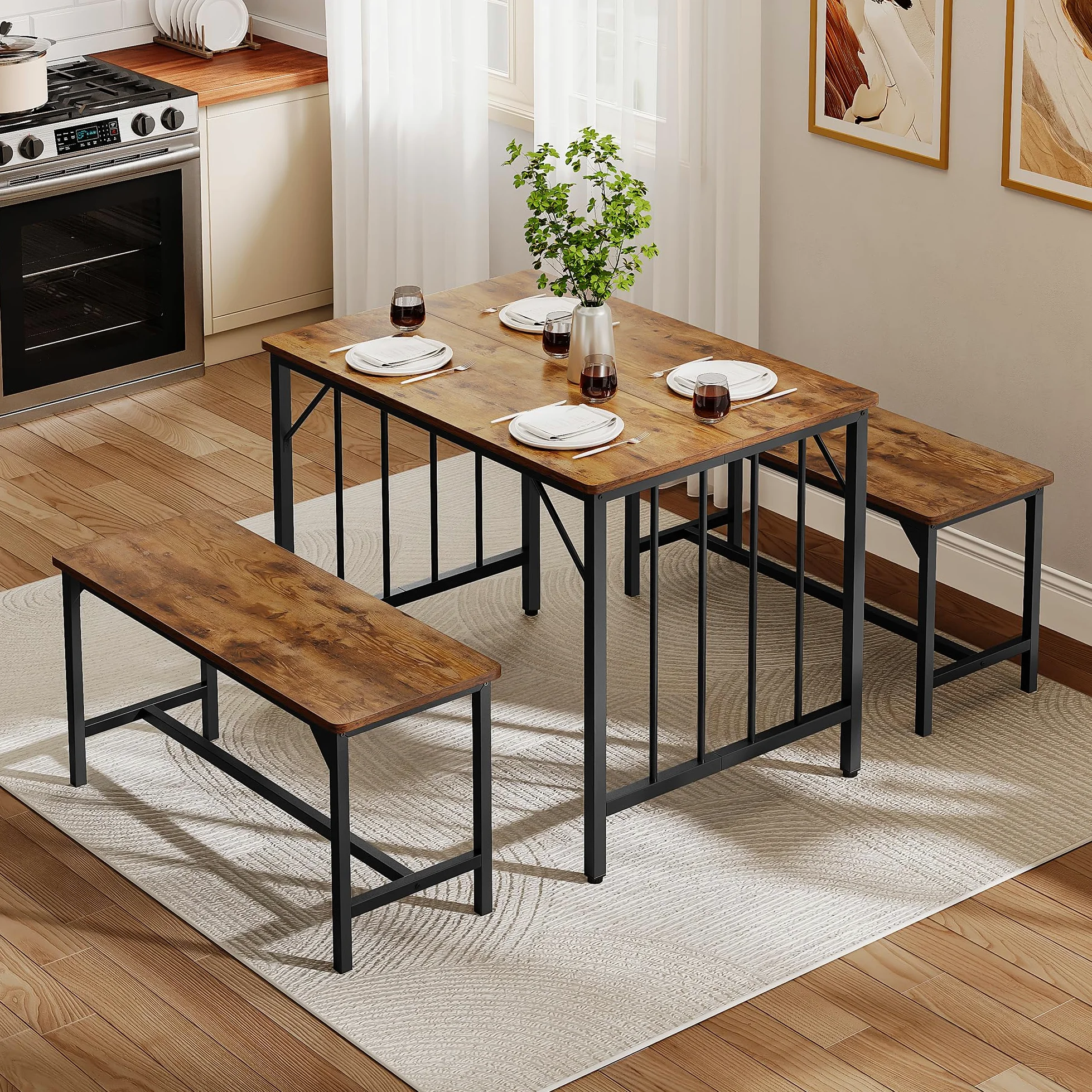 YITAHOME Ensemble Table de Salle à Manger et 2 chaises, Ensemble de Salle à Manger 3 pièces avec Banc, Peu encombrant, Table à Manger pour Cuisine, Appartement, Marron Rustique