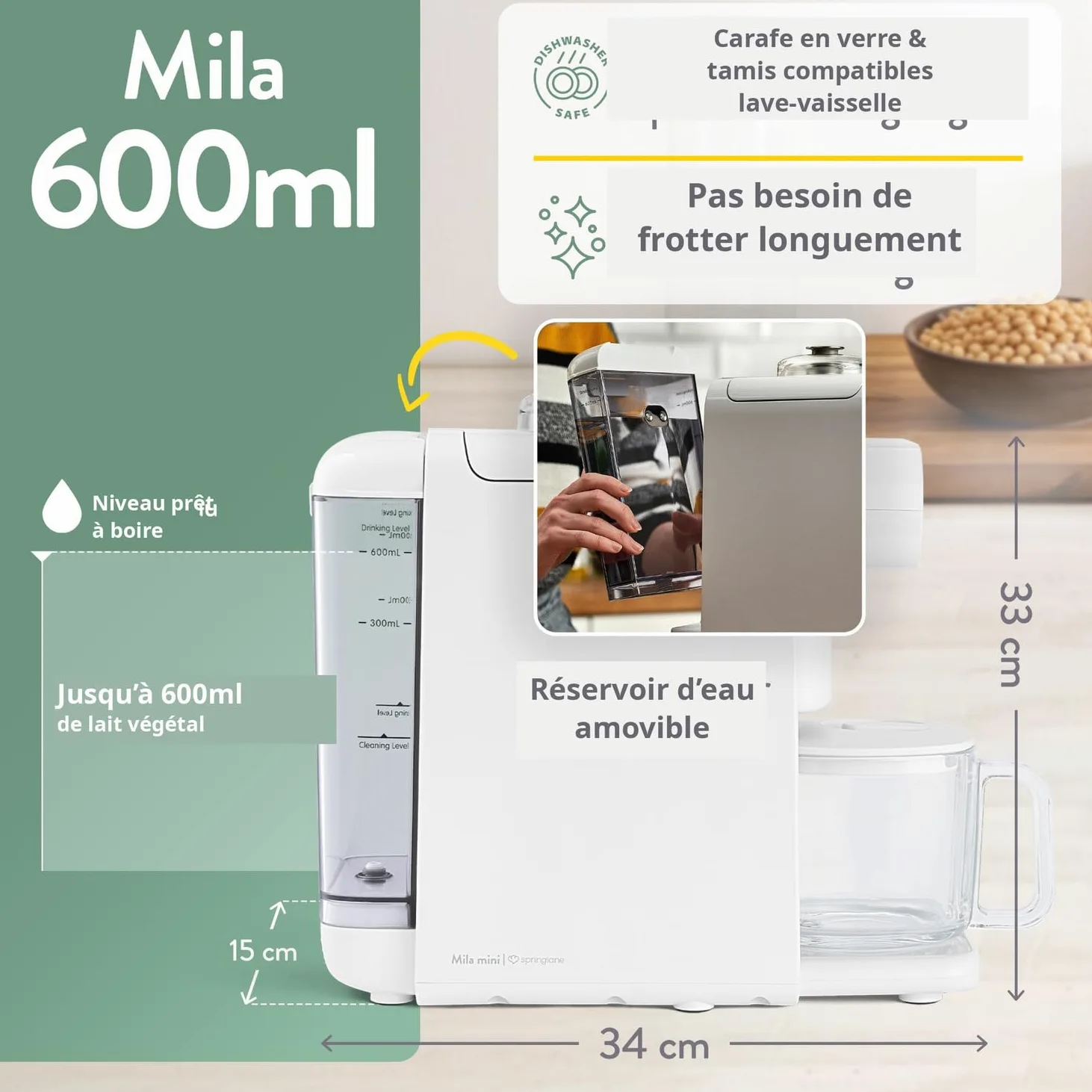 SPRINGLANE Machine à lait d'amande Machine à lait de soja Mila (0,6 L)