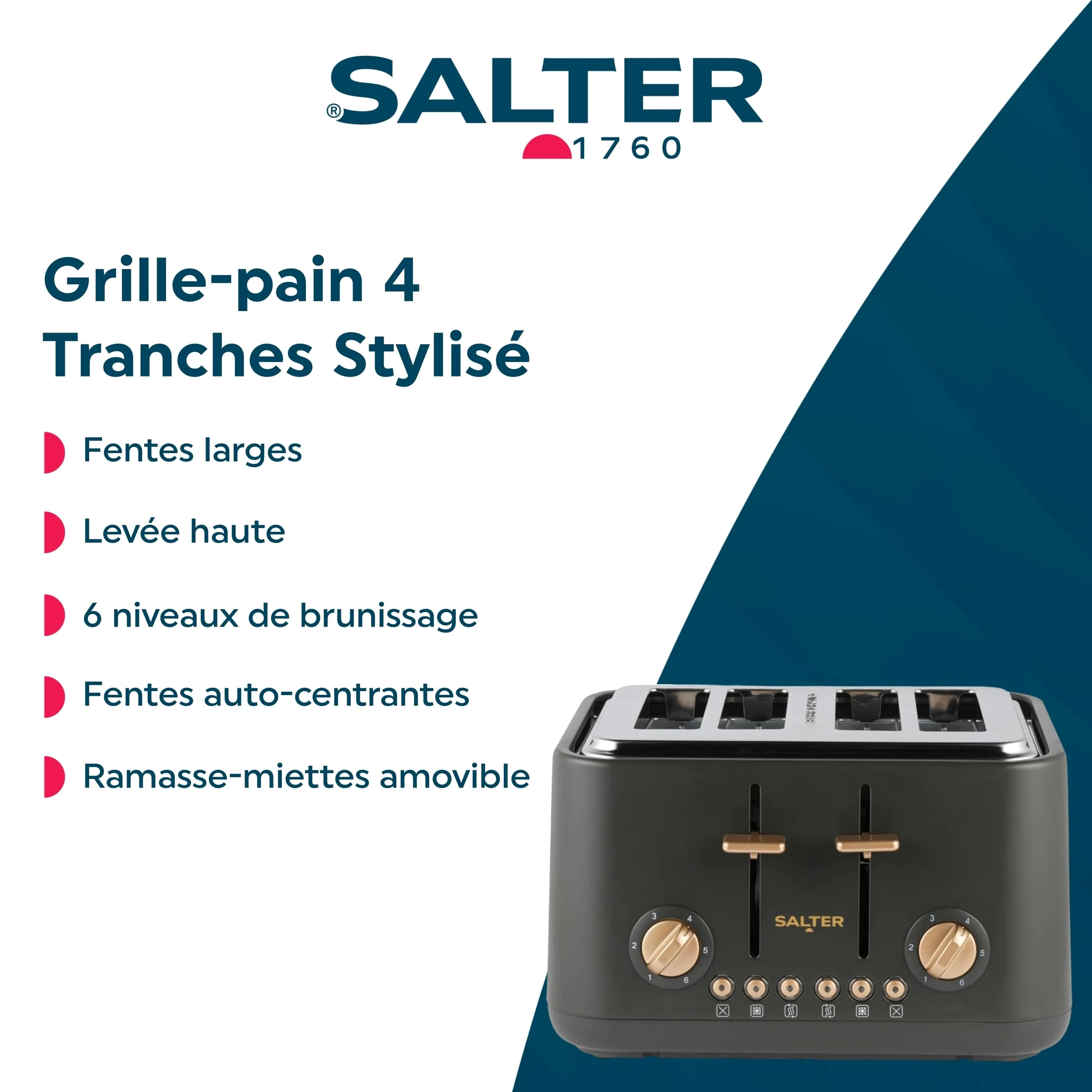 Salter Grille-pain Pebble 4 tranches – Fentes large, levée haute, 6 niveaux de brunissage, fentes auto-centrantes, ramasse-miettes amovible, décongeler/réchauffer/annuler, gris charbon/or