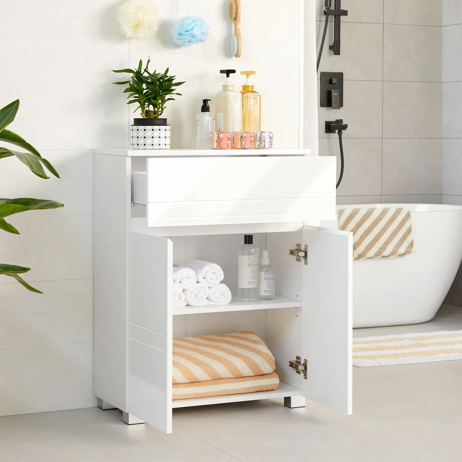 VASAGLE Meuble de Salle de Bain sur Pied, Meuble de Rangement avec tiroir, Armoire à Double Porte, étagère réglable, pour entrée, Couloir, 60 x 30 x 80 cm, Blanc BBK140W01