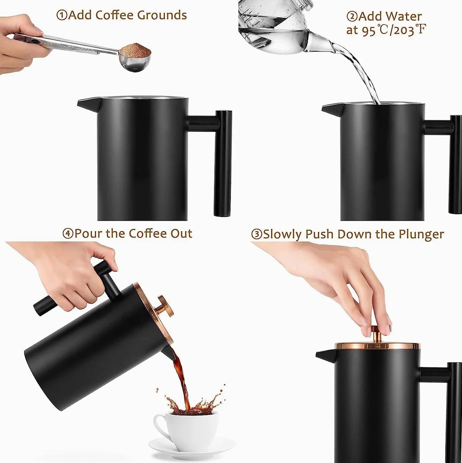 Grande cafetière à piston isotherme en acier inoxydable de 1,5 l, double paroi pour garder le café et le thé au chaud, bonus avec 2 filtres à café - Noir (1500 ml)