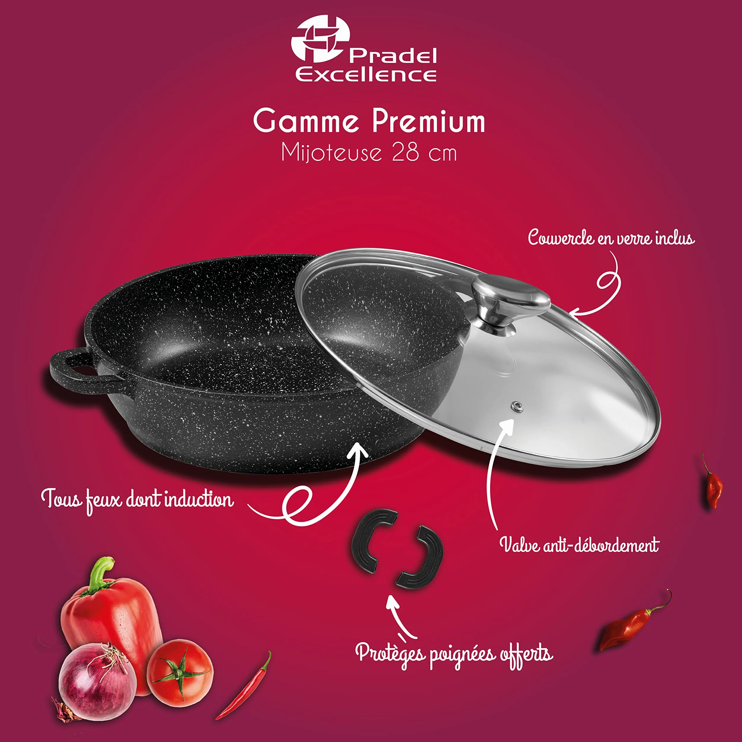 Pradel Excellence - PCUI001016 - Mijoteuse Fonte d'Aluminium Premium Ø28cm, Couvercle Verre - Revêtement Anti-Adhésif Façon Pierre - Poignée Amovible - Tout Feu, Noir