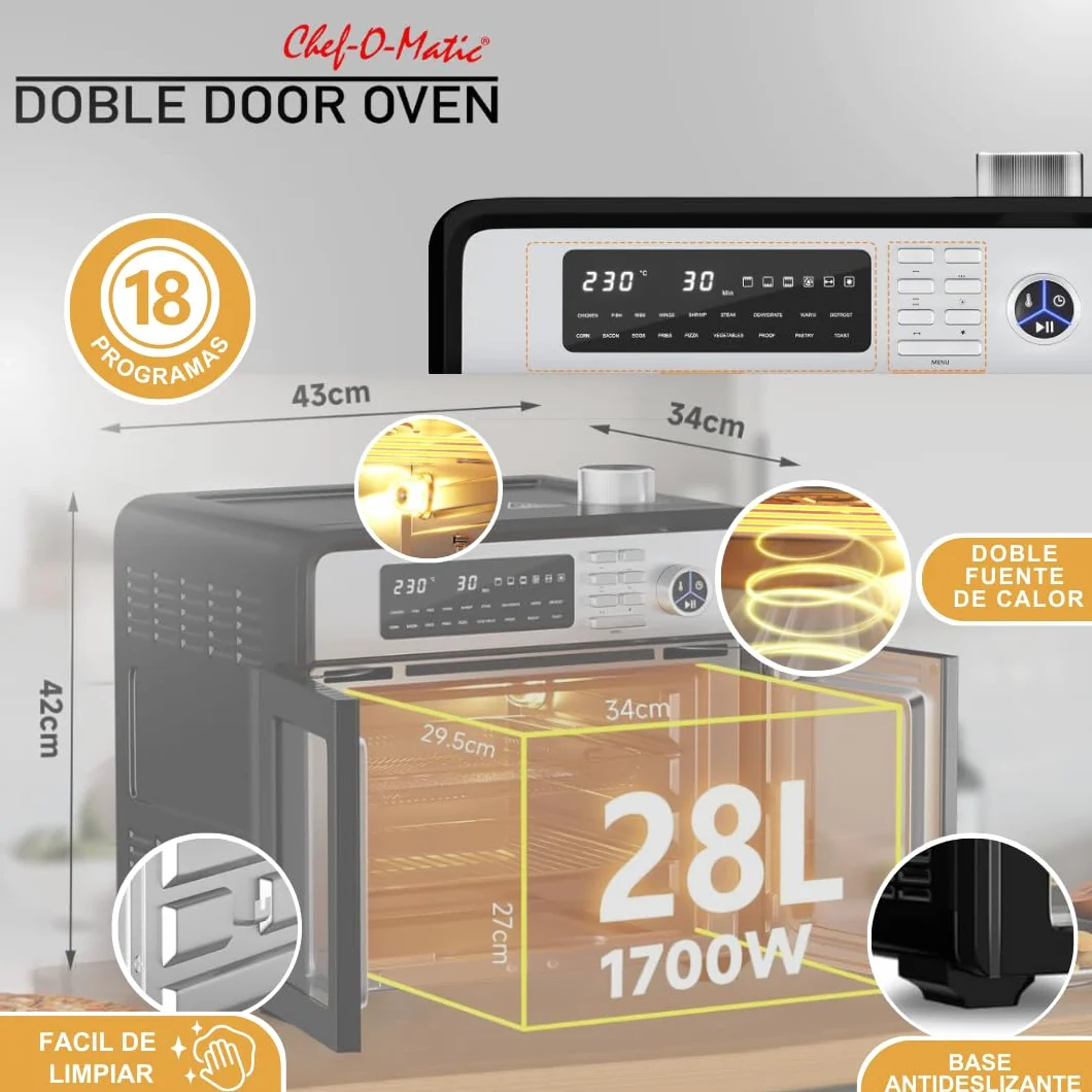 STARLYF Doble Door Oven Four Friteuse à Air XXL 28L | Double Porte, 18 Programmes, 1700W, Grill, Rôtissoire, Déshydrateur et Écran LCD | Four Électrique Multifonction de Cuisine