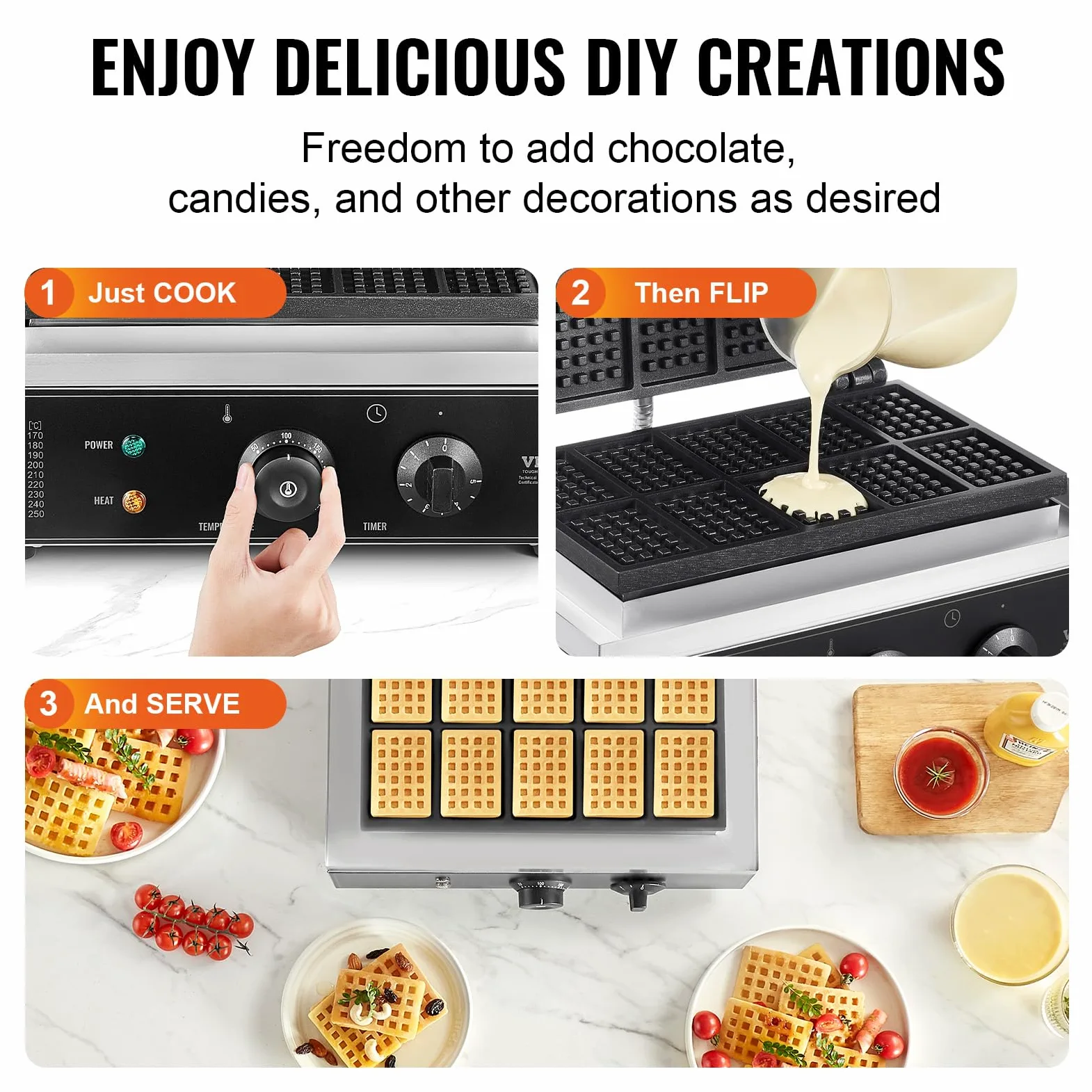 VEVOR Gaufrier Commercial 1550 W, Appareil à Gaufres Belges Rectangulaires, Capacité 10PCs, en Acier Inoxydable, Antiadhésif, avec Contrôle de la Température et du Temps, Boulangerie, Snack-bar