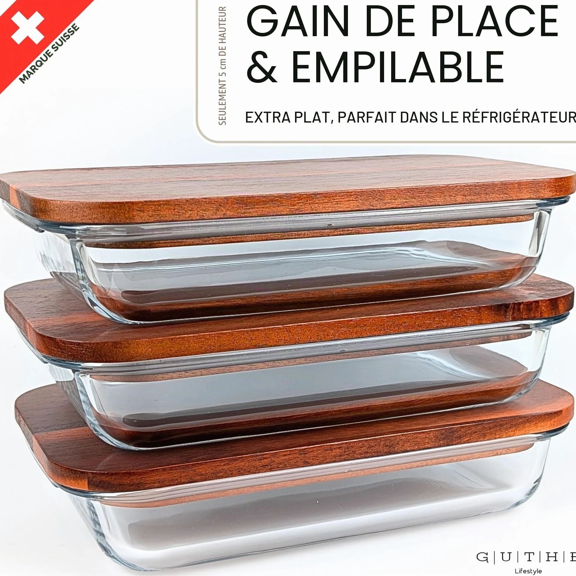 GUTHE Lifestyle Lot de 3 boîtes à charcuterie en verre pour réfrigérateur, empilables, avec couvercle en acacia, plat à gratin et rangement de saucisses et fromage