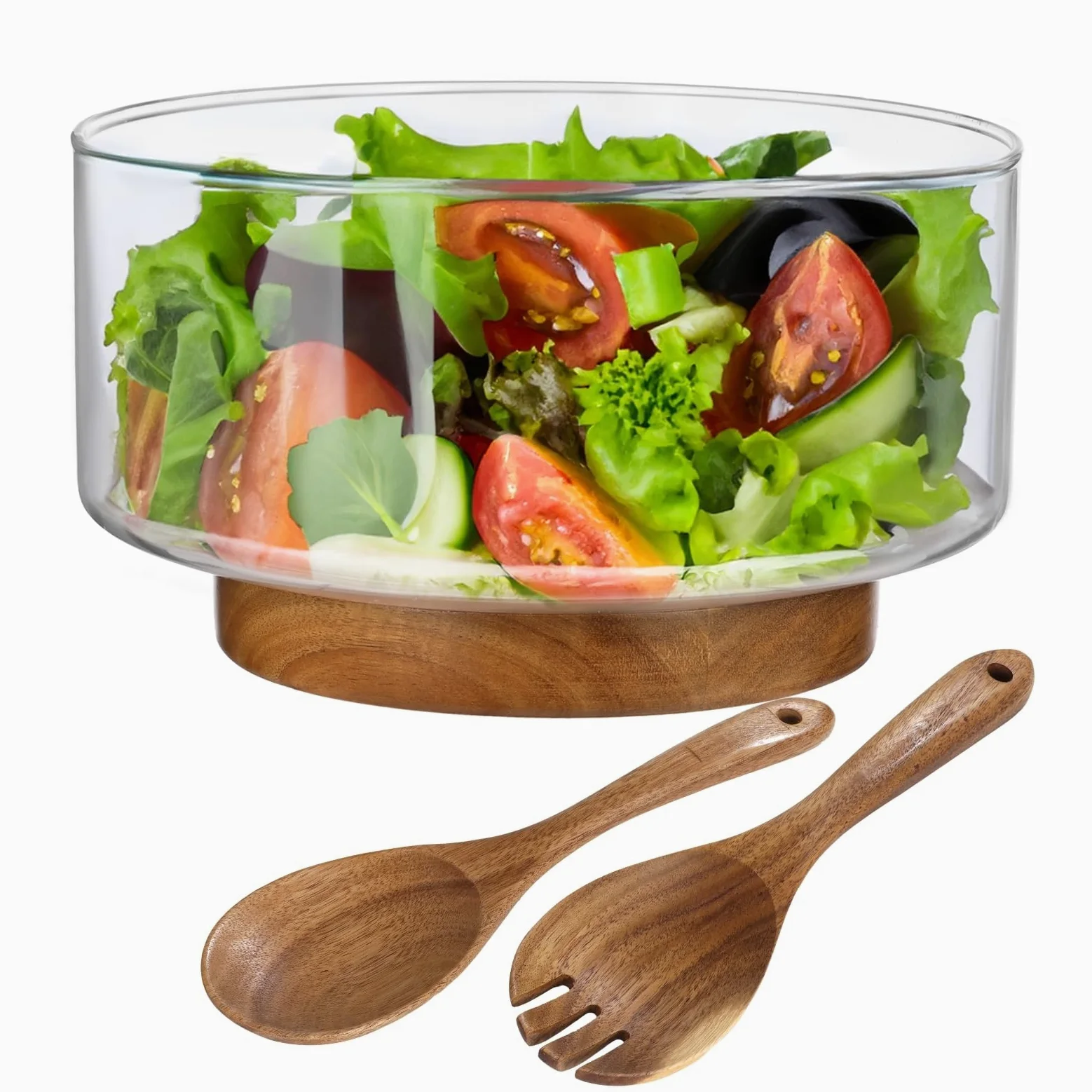 Saladier en verre de 3,8 l avec base en bois et ensemble d'ustensiles, idéal pour les fêtes ou la famille