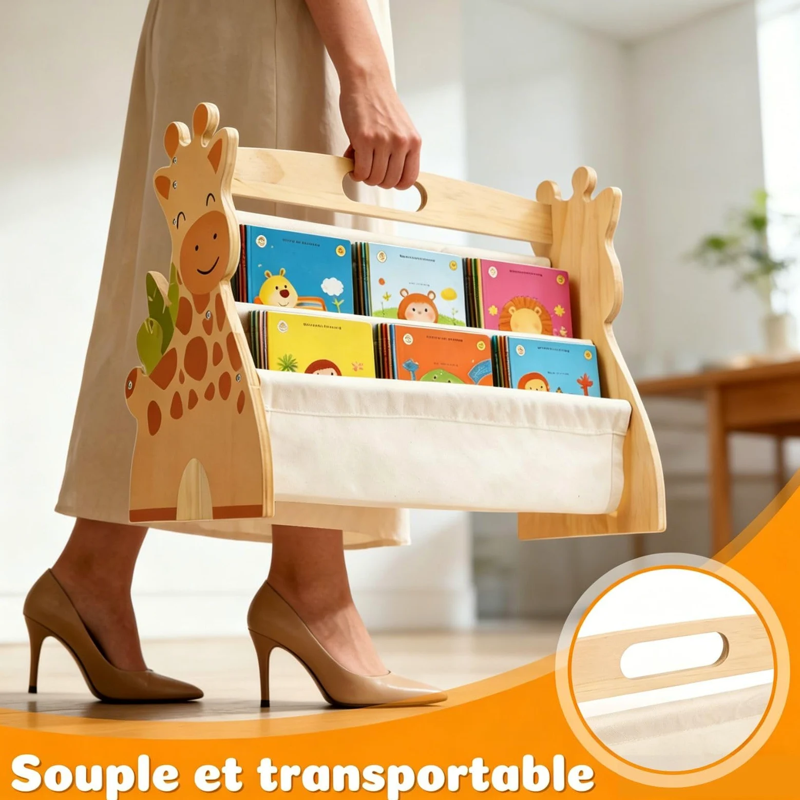 Bibliothèque Montessori Bois pour Enfant 43x34x28,3cm Bibliothèque Enfant Double Face Quatre Couches avec Poignée Rangement Livre Enfant 3-8 Ans Aménagement Open Bords Arrondis pour Chambres écoles