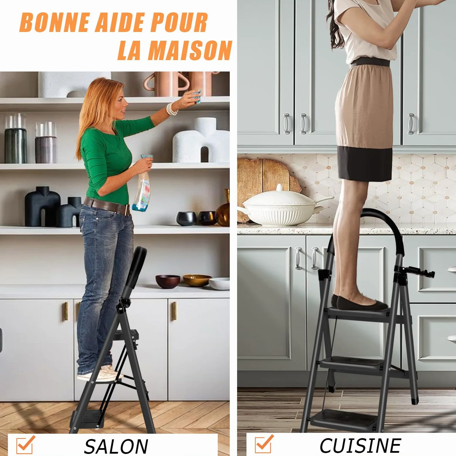 OHMG Escabeau 3 Marches avec Plateforme de Travail, Charge 150 kg Escabeau Pliable, Larges Marche Pied Pliable Antidérapantes, Tabouret en Acier Marche Pied Adulte,Charge 180 kg