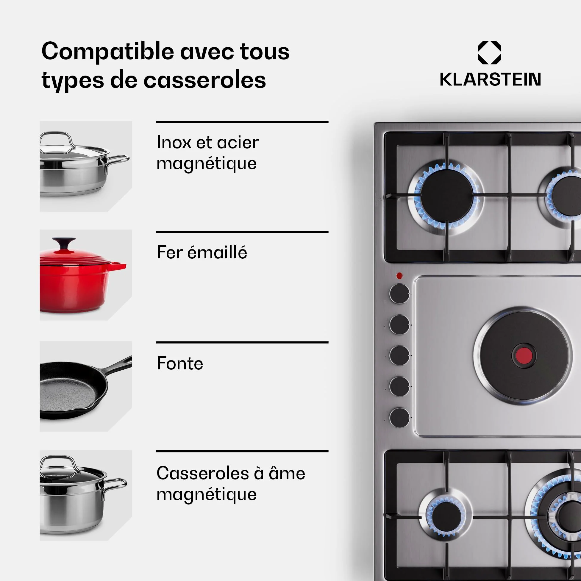 Klarstein MultiChef 5 Plaque De Cuisson Gaz Et Électrique, 4 Brûleurs Gaz & 1 Électrique, 10.1Kw, Acier Inoxydable, Allumage & Arrêt Automatique, Sécurité Enfants, Compacte 87X8X50Cm