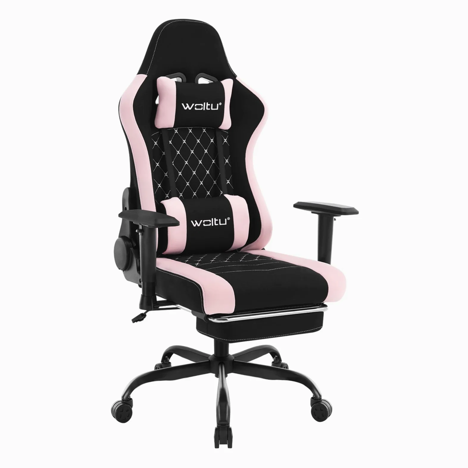WOLTU Chaise Gaming, Chaise Bureau Massante, Fauteuil Ergonomique avec Coussin Lombaire Massant, Siège Large à Ressorts, Appui-tête, Repose-Pieds, Tissu Maille, Charge 150kg, Noir+Rose