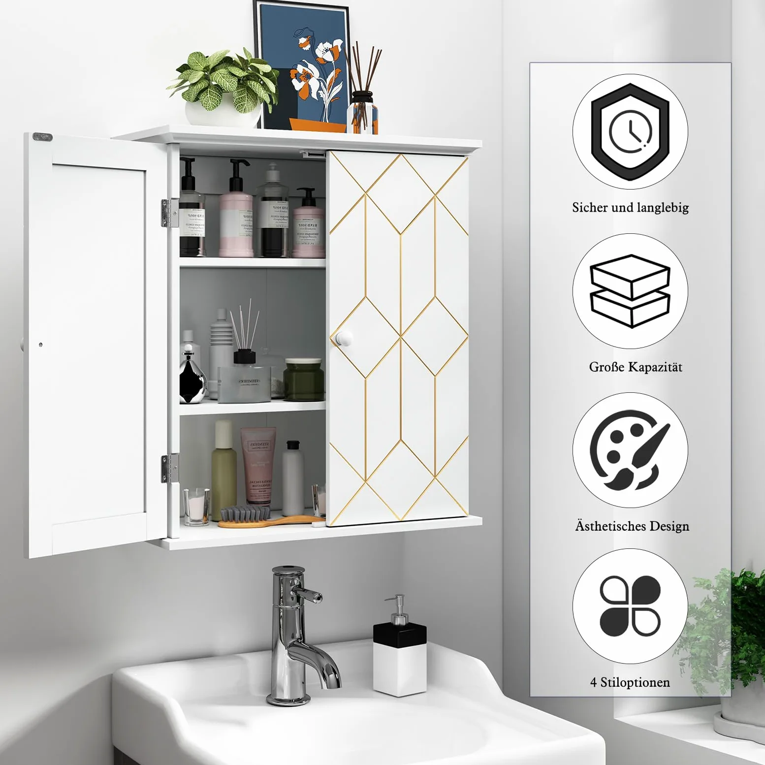HOLTICO Armoire à pharmacie suspendue - Armoire murale de salle de bain - Armoire murale avec étagère réglable - Blanc - Armoire autonome pour cuisine, salle de bain, chambre à coucher
