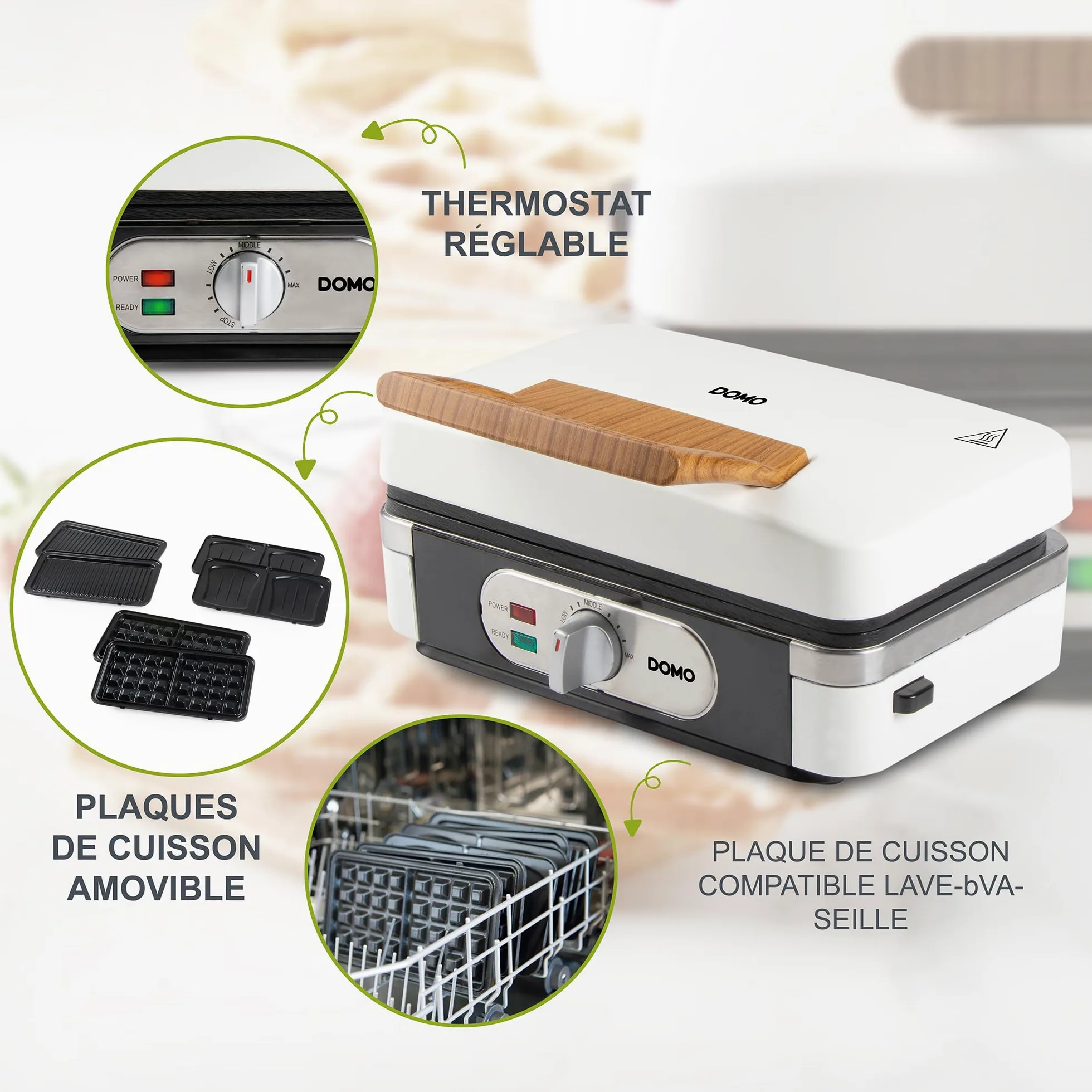 DOMO DO9277C Snackmaker 3 en 1 - Design de luxe en bois - PFAS FREE - Croque-Monsieur, Gaufrier et Gril - Pieds Anti dérapants - Plaques de cuisson interchangeables - 1100W - Blanc Poudré