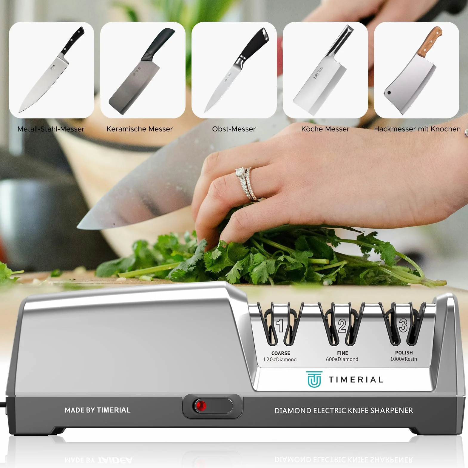 TIMERIAL Aiguiseur de couteaux électrique avec diamant, affûtage professionnel en 3 étapes des couteaux de cuisine, guides précis, tranchant lisse à 15 degrés, pour couteaux de cuisine