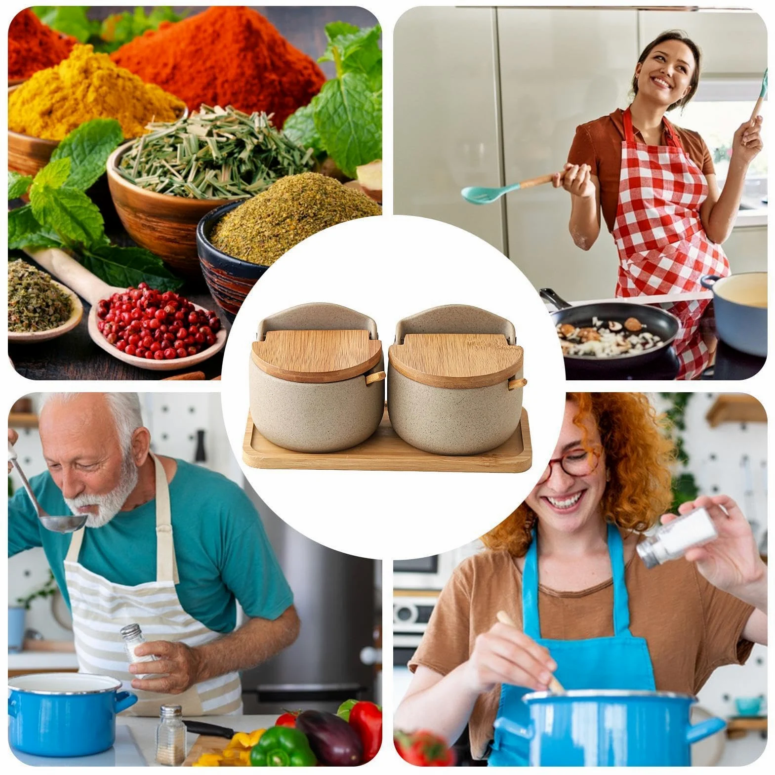 Récipient à sel – Ensemble de rangement de cuisine élégant de 22 cm | Porte-sel polyvalent en céramique – Design élégant avec cuillère et couvercle en bois, idéal pour l'assaisonnement sur