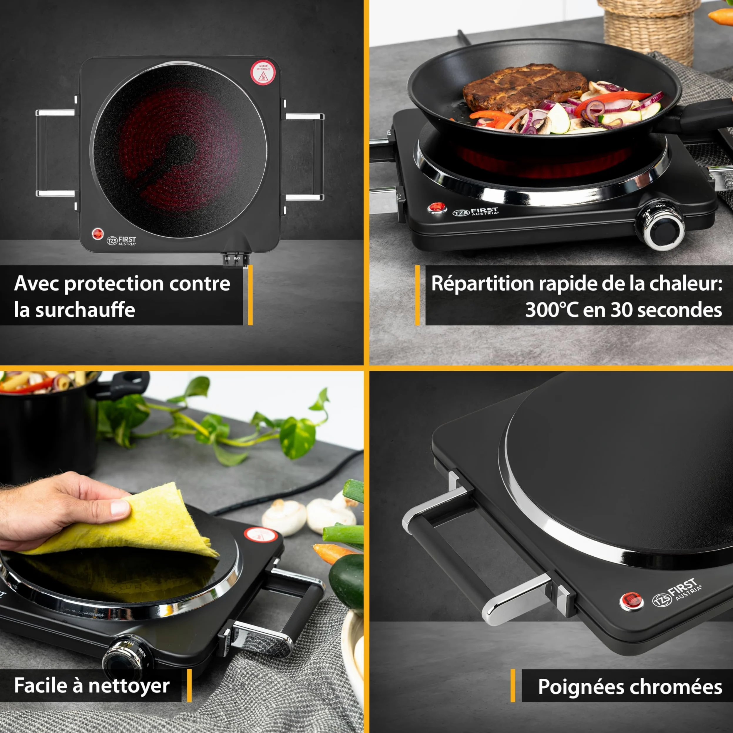 TZS First Austria - Plaque Infrarouge 1500W - Plaque vitrocéramique pour tous types de casseroles - Réchaud électrique avec poignées, réglage continu & témoin lumineux - Ø 220 mm - Noir