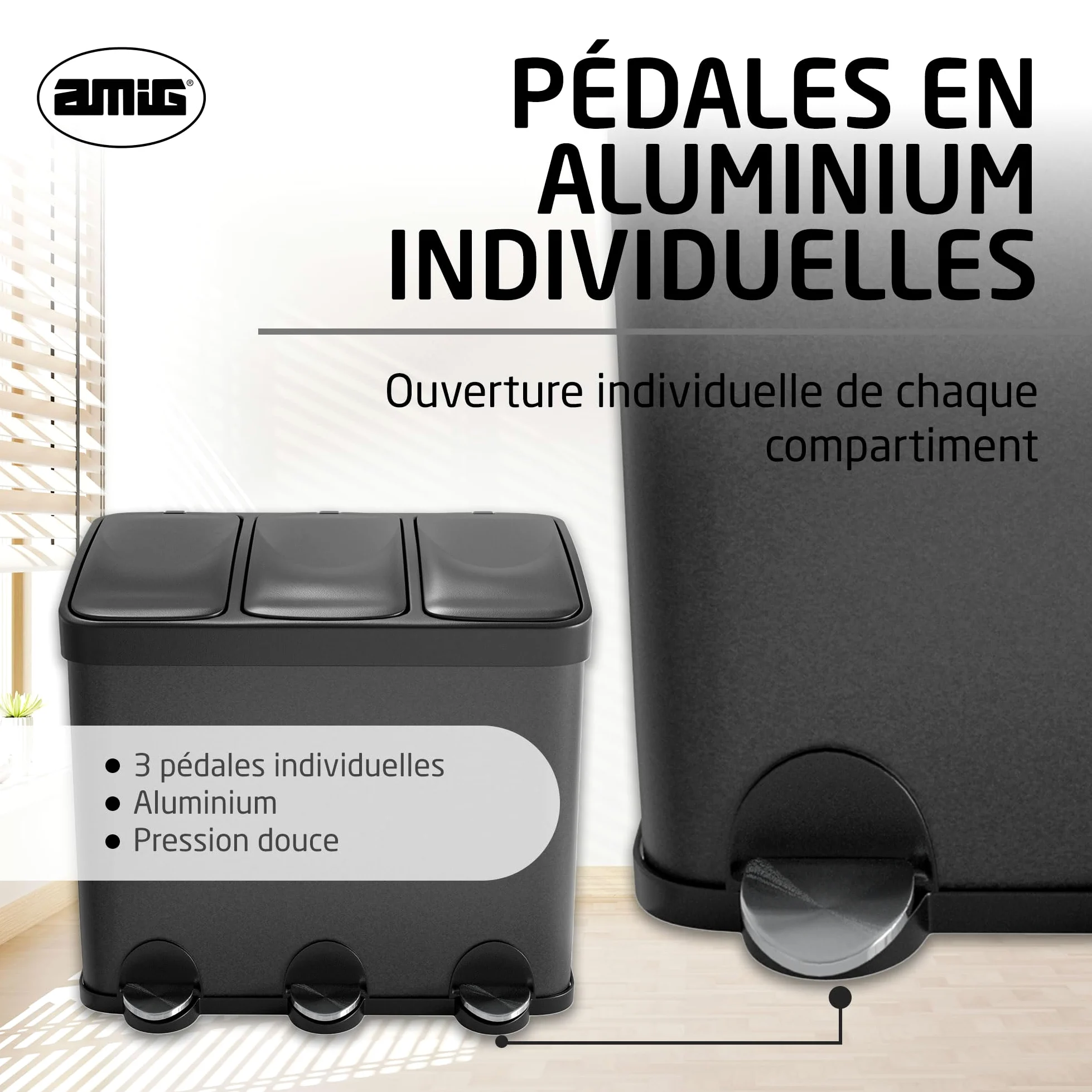 Amig - Poubelle Triple avec Pédales 45 litres - 3 Compartiments Amovibles de 15 litres - Poubelle de Recyclage pour la Cuisine - Acier - 60 x 37 x 49 cm - Noir Mat