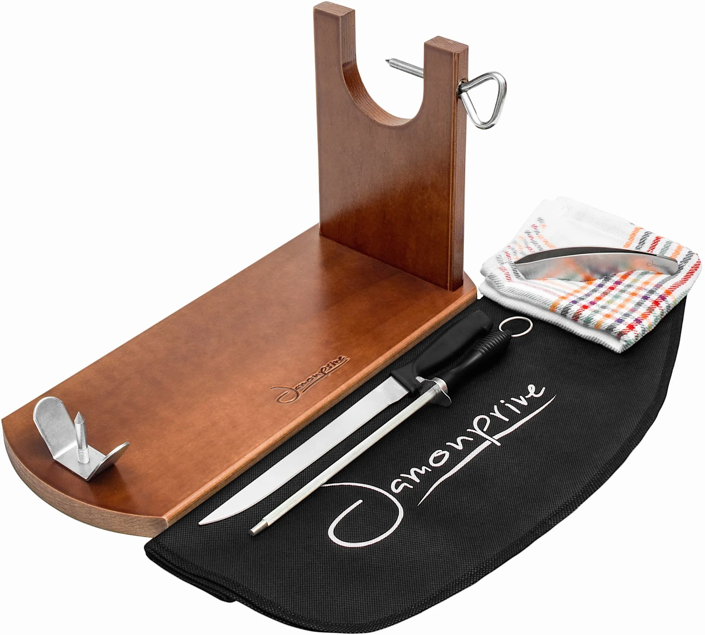 Jamonprive Support à Jambon Professionnel Laqué avec Couteau + Fusil à Aiguiser + Couvre Jambon + Torchon + Pinces - Porte-Jambon Idéal pour le Jambon Serrano, Ibérique et le Prosciutto