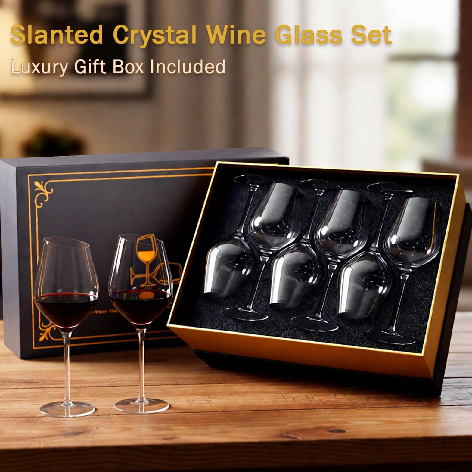 Lot de 6 grands verres à vin rouge à bord incliné soufflés à la main à longue tige, sans plomb, verres à vin transparents pour femmes et amateurs de vin