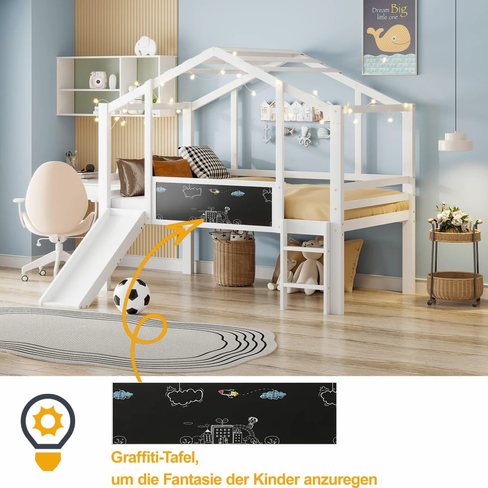 Lit Mezzanine 1 Place 90x200cm,Lit Cabane Enfants avec Toboggan,Tableaux Blancs,Haute Barrière,Sommier à Lattes Solide,Pin,pour Enfants Adolescents,sans LED/Matelas(Blanc)