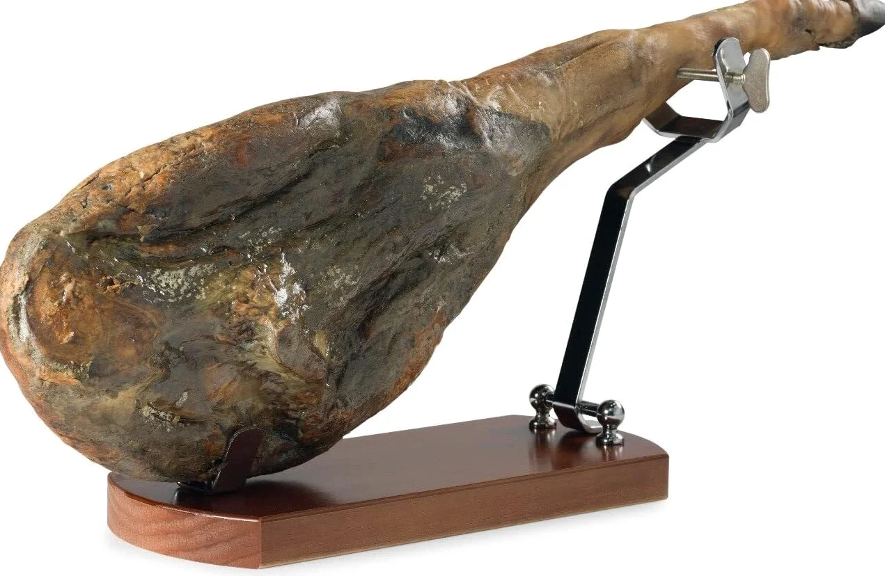 Support à Jambon Pliable avec Base Antidérapante + Couteau + Fusil à Aiguiser + Couvre Jambon + Torchon + Pinces- Kit de Tranchage Professionnel pour Jambon Serrano, Ibérique et Prosciutto