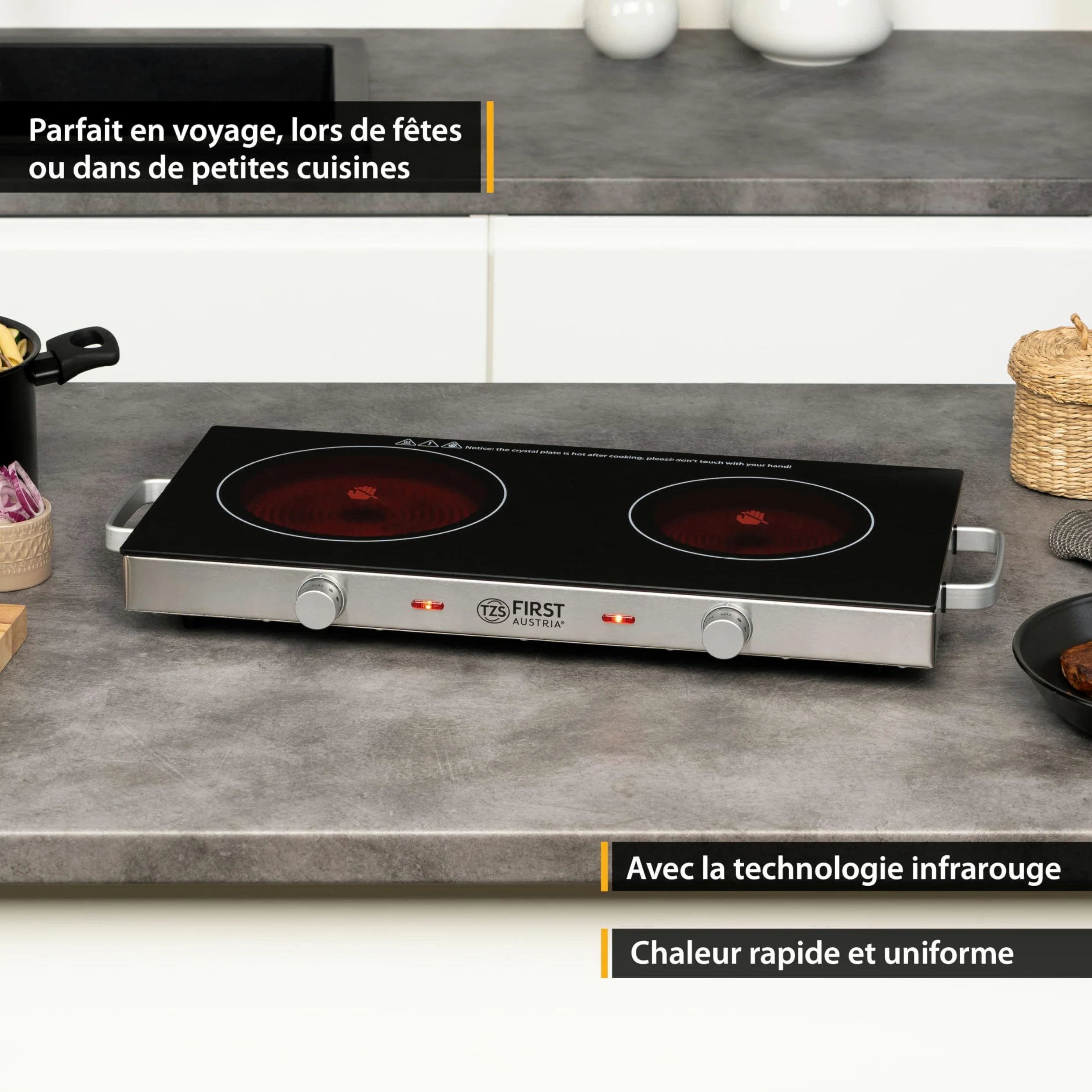 TZS First Austria - Plaque de cuisson double infrarouge vitrocéramique TOUS types de casseroles 2800W - Mini réchaud électrique pour déménagement, camping & maison - Réglage continu et témoin contrôle