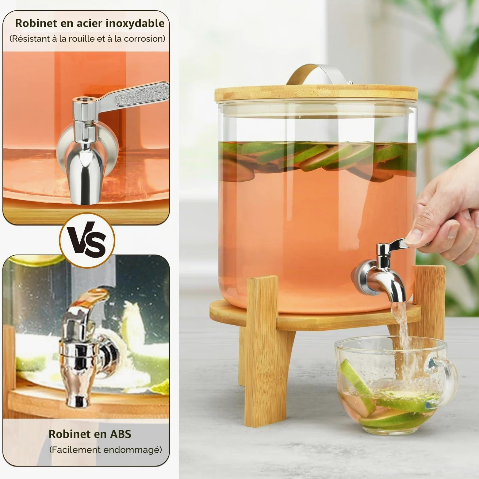 Hisredsun Distributeur De Boissons Chaudes Ou Glacées, 5L Distributeur Boissons Avec Support En Bois, Fontaine a Punch Pour Les Goûters à La Limonade Ou Les Goûters Au Thé, Lavable Au Lave-Vaisselle