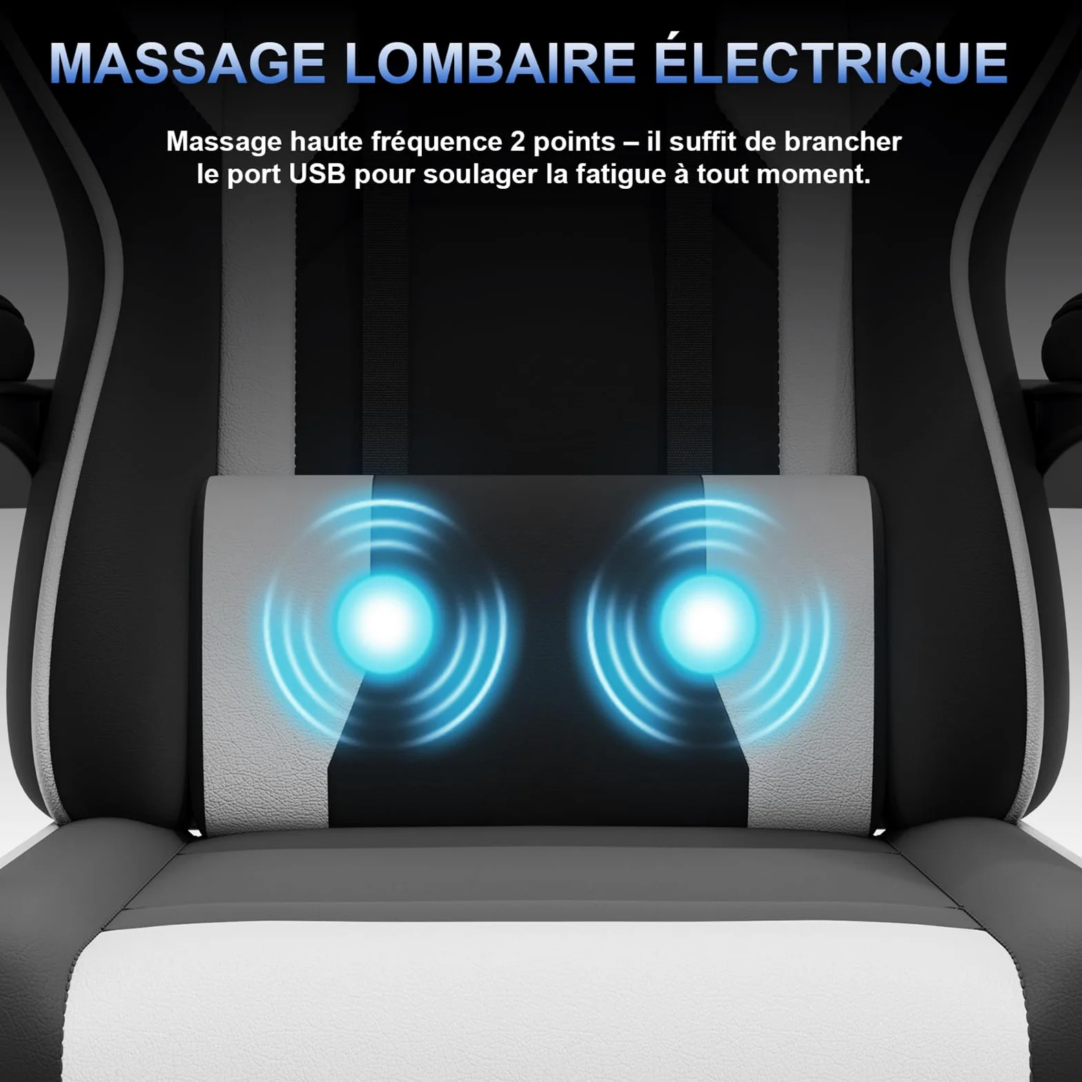 JUMMICO Chaise Gaming avec Massage Lombaire, Chaise Bureau Ergonomique avec Dossier Inclinable, Fauteuil Gaming avec Assise Douce et Résistante, Idéale pour Jeux et Boulot, Blanc