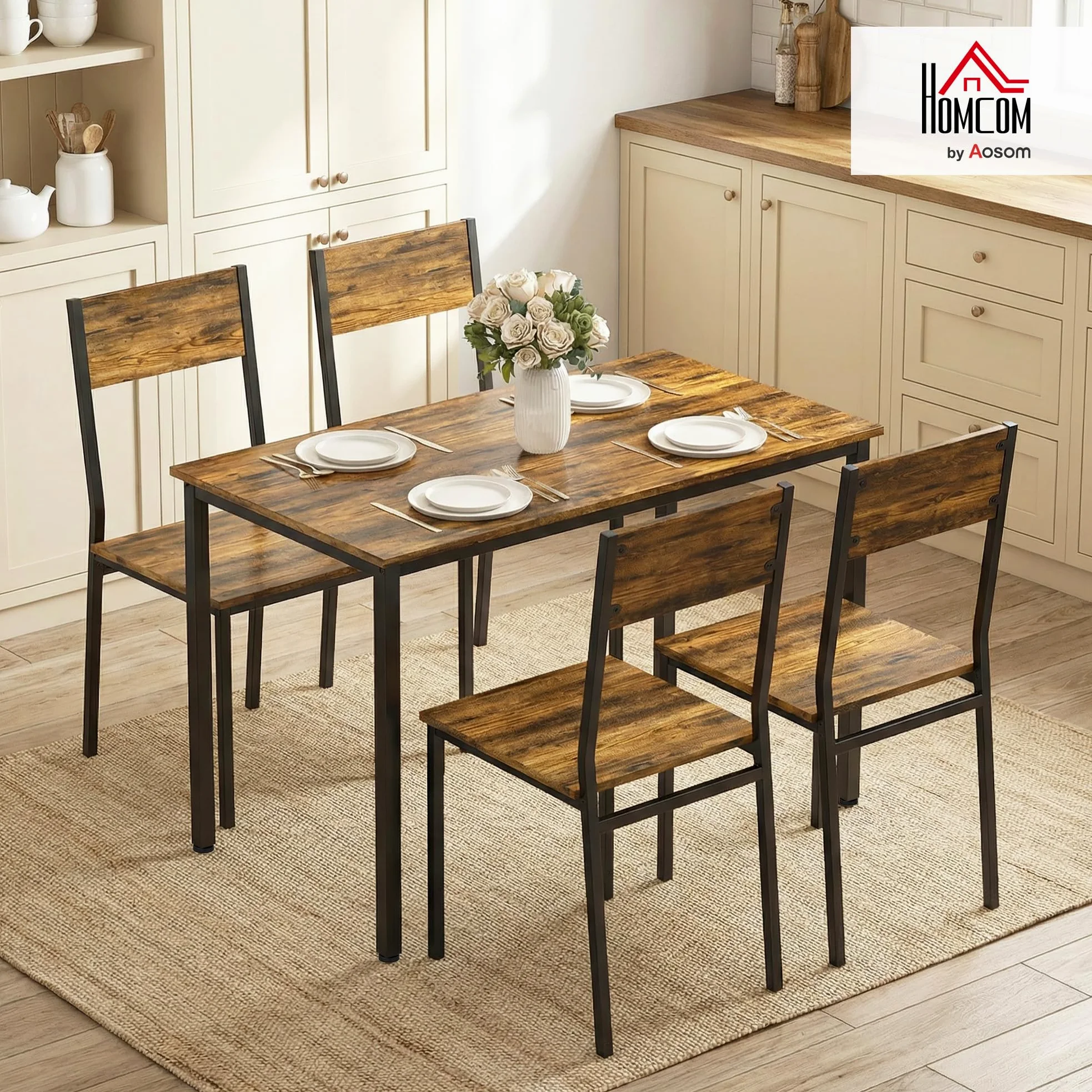 HOMCOM Ensemble Table Salle à Manger avec 4 chaises, Table de Cuisine pour 4 Personnes, Plateau rectangulaire 108 cm, Style Industriel, Pieds en métal, idéal Petit Espace, Brun Rustique