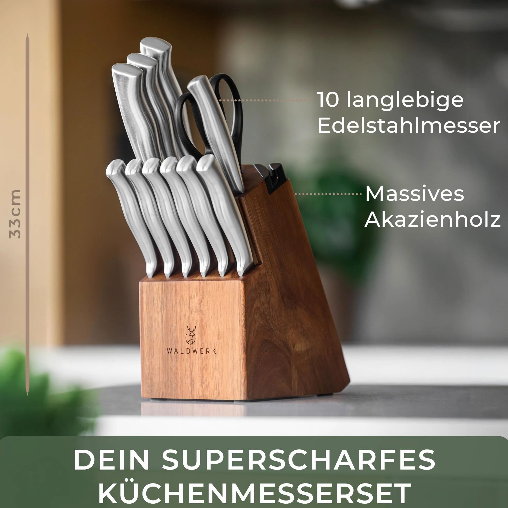 WALDWERK Ensemble de couteaux 11 pièces avec bloc et aiguiseur intégré - Couteau à steak - Couteaux de cuisine