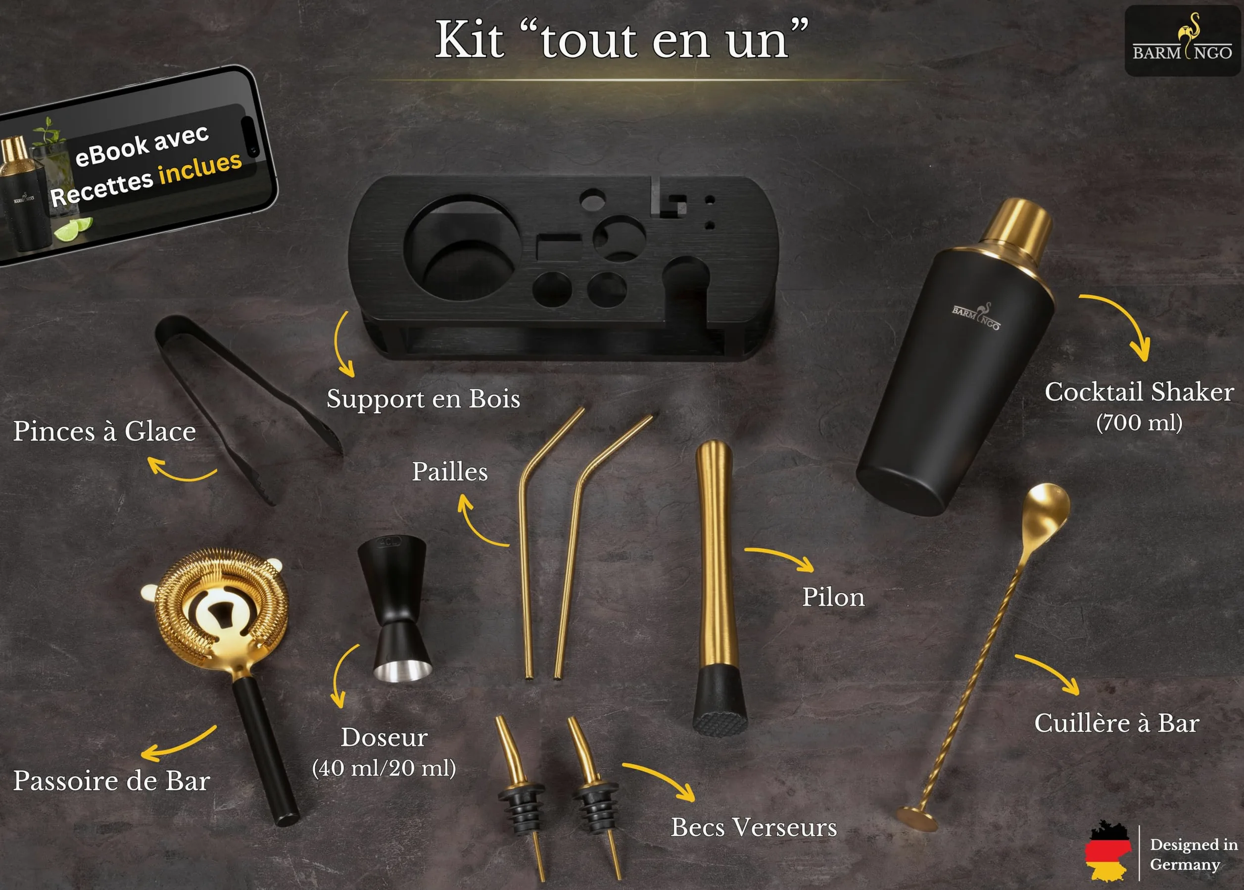 Shaker Cocktail Kit | 11 Pièces, Volume de 700 ML, Noir - Or | Shaker Cocktail INOX avec Support et Accessoires de Bar | Set Barman Cocktail Shaker | Kit Cocktail Professionnel