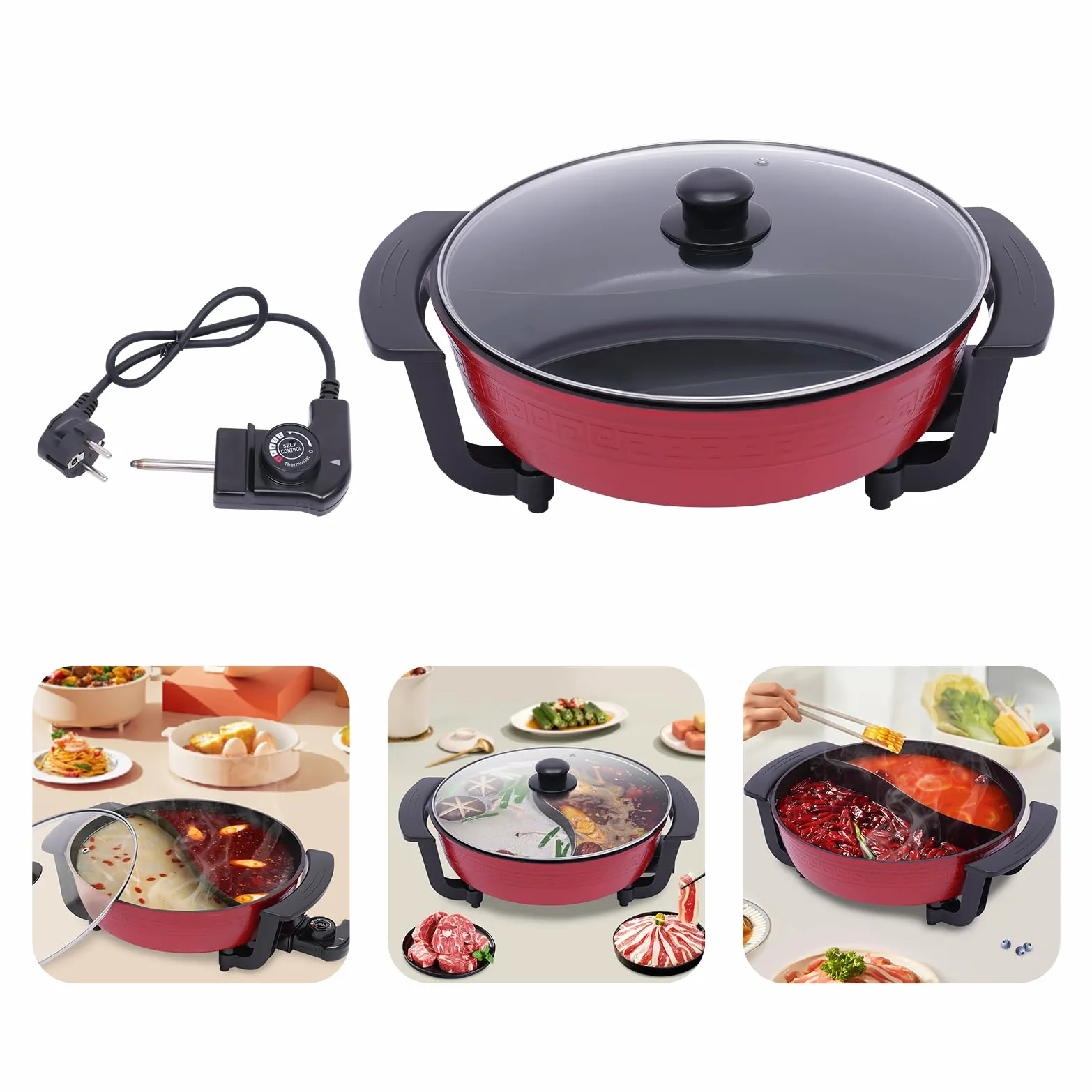 1300W 6L Twin Hot Pot Pot Pot avec couvercle Hotpot électrique 2 Pièces Cuisine Cuisine Outil de cuisine Rouge
