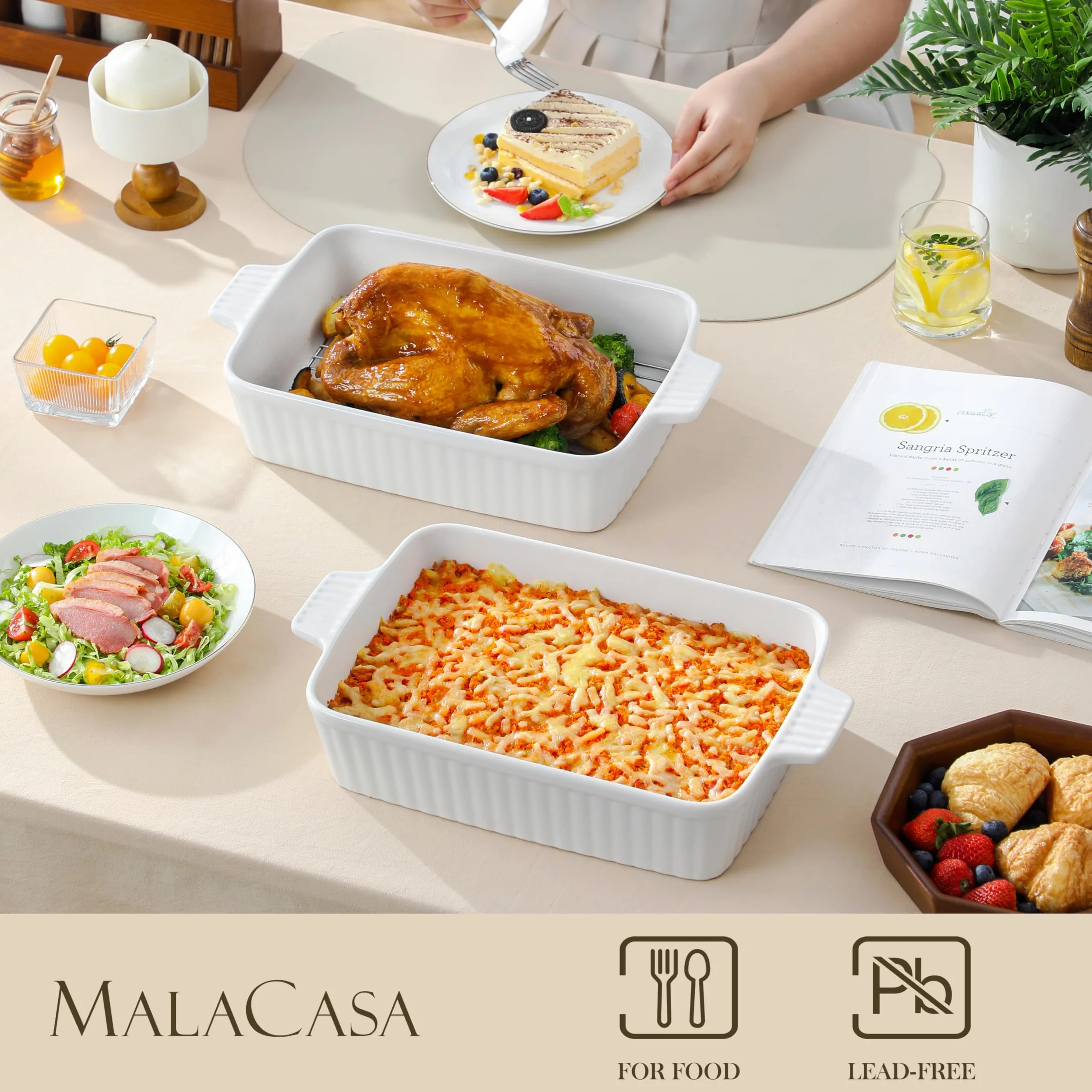 MALACASA Série BAKE, Plat à Four Rectangulaire en Porcelaine avec Grille 4200ml, Grand Plat de Cuisson avec Poignées pour Gratins et Casseroles, Compatible Lave-vaisselle, Blanc