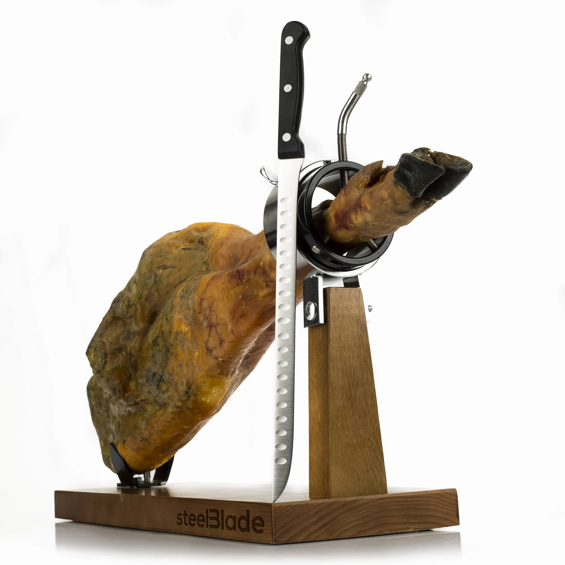 Support à jambon rotatif à 360° en bois laqué + couvre-jambon Kukuxumusu + couteau à jambon 28 cm - Fabriqué en Espagne - 2 positions pour jambon et palettes (011132)