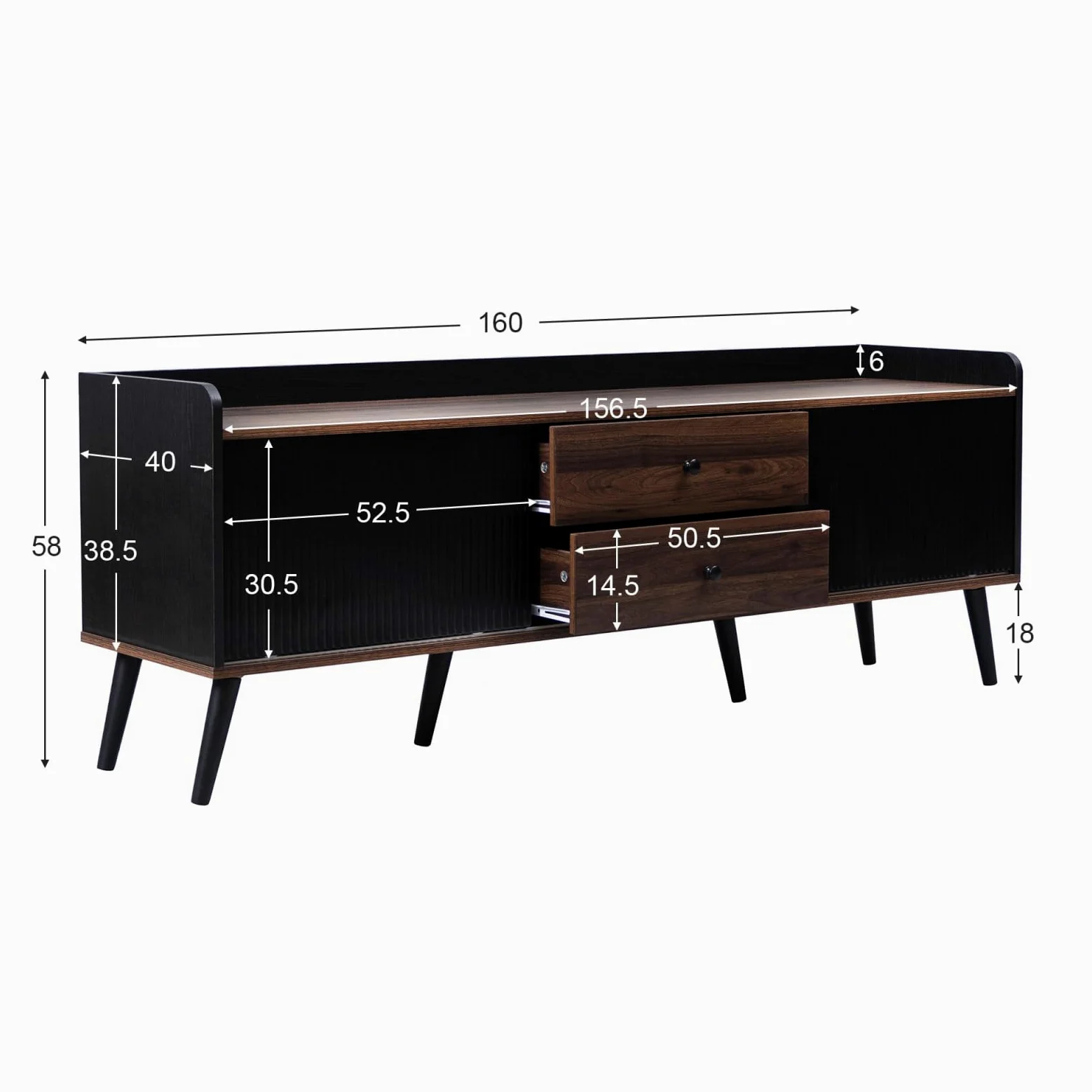 KOMHTOM Armoire TV en bloc de couleur noir/blanc et bois, buffet avec 2 tiroirs et 2 compartiments de rangement spacieux, armoire polyvalente pour salon, chambre à coucher et salle à manger (noir)