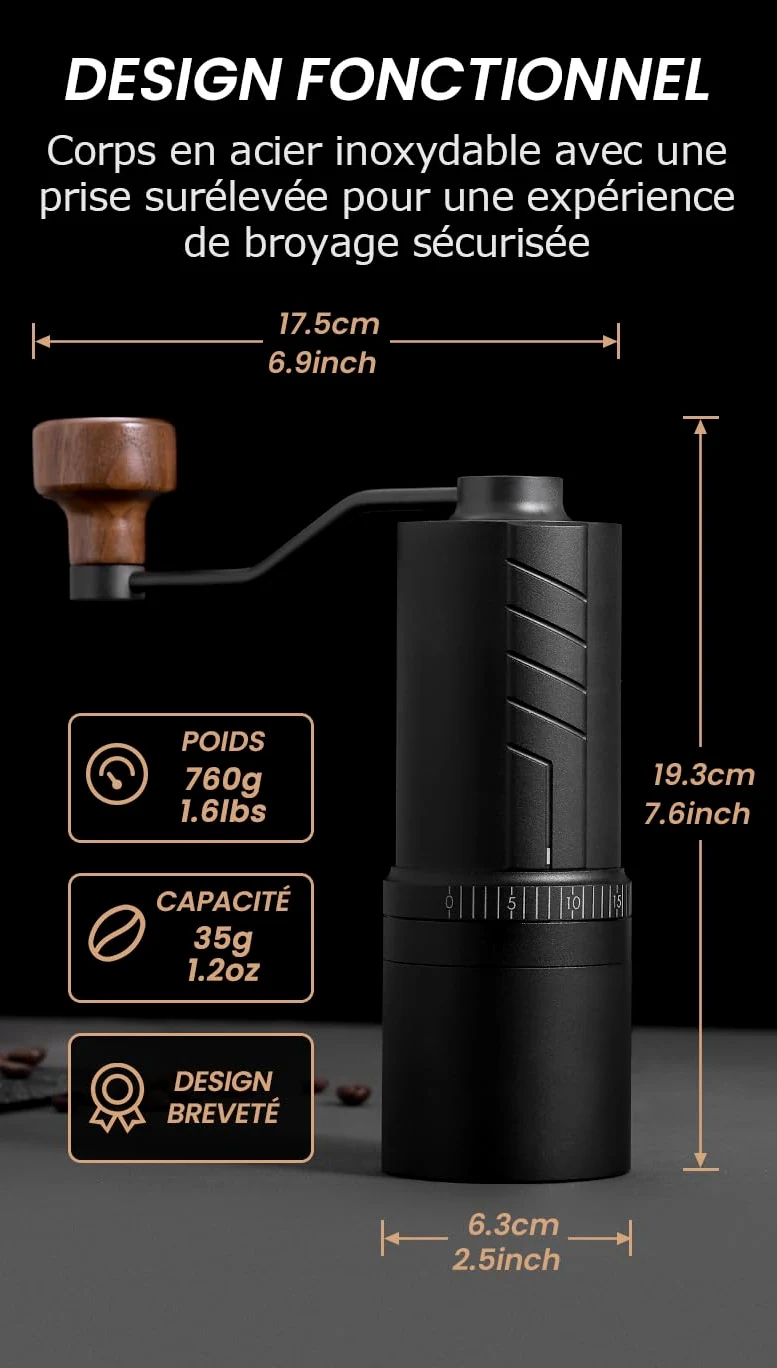 Vevok Chef Moulin à café manuel O20 – 20 niveaux de réglage externe, capacité de 35 g avec étui de voyage et équipement de nettoyage, broyage constant en acier inoxydable tii-plaqué moulin à café
