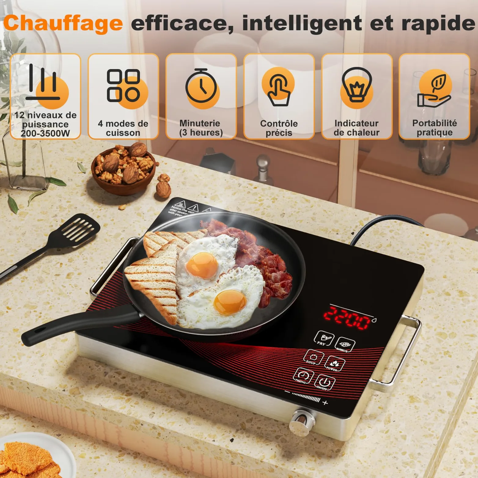 Plaque Vitrocéramique 1 Feu 2200W, Portable Plaque Électrique avec Minuterie, Verrouillage de Sécurité, Commande Bouton, Cuisson Sans Flamme, Surface en Verre Noir