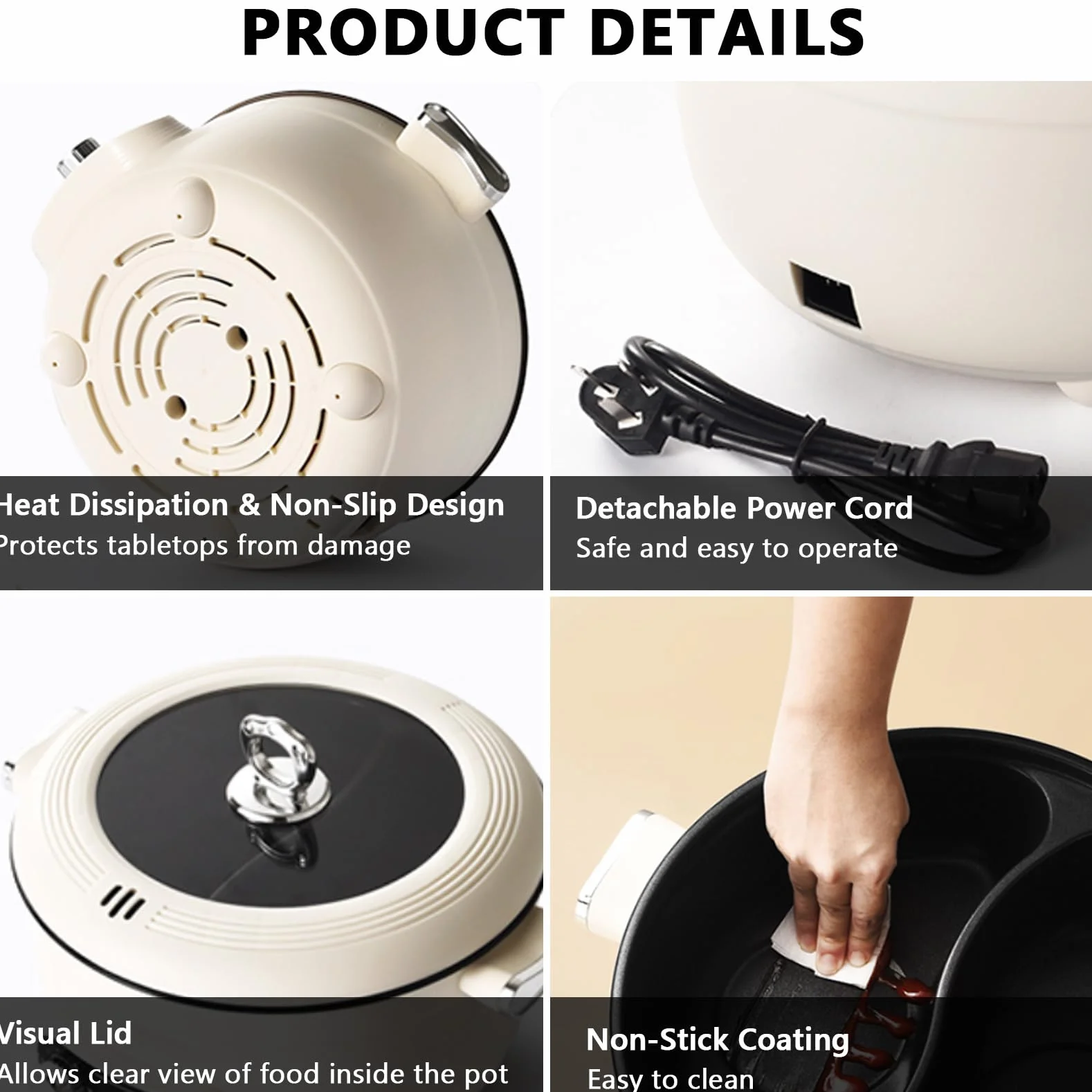 Hotpot Casserole électrique 5,3 l avec chauffage rapide et trois boutons rotatifs, 1600 W avec revêtement antiadhésif, 3 niveaux de réglage de la température, pour steak, fondue, légumes