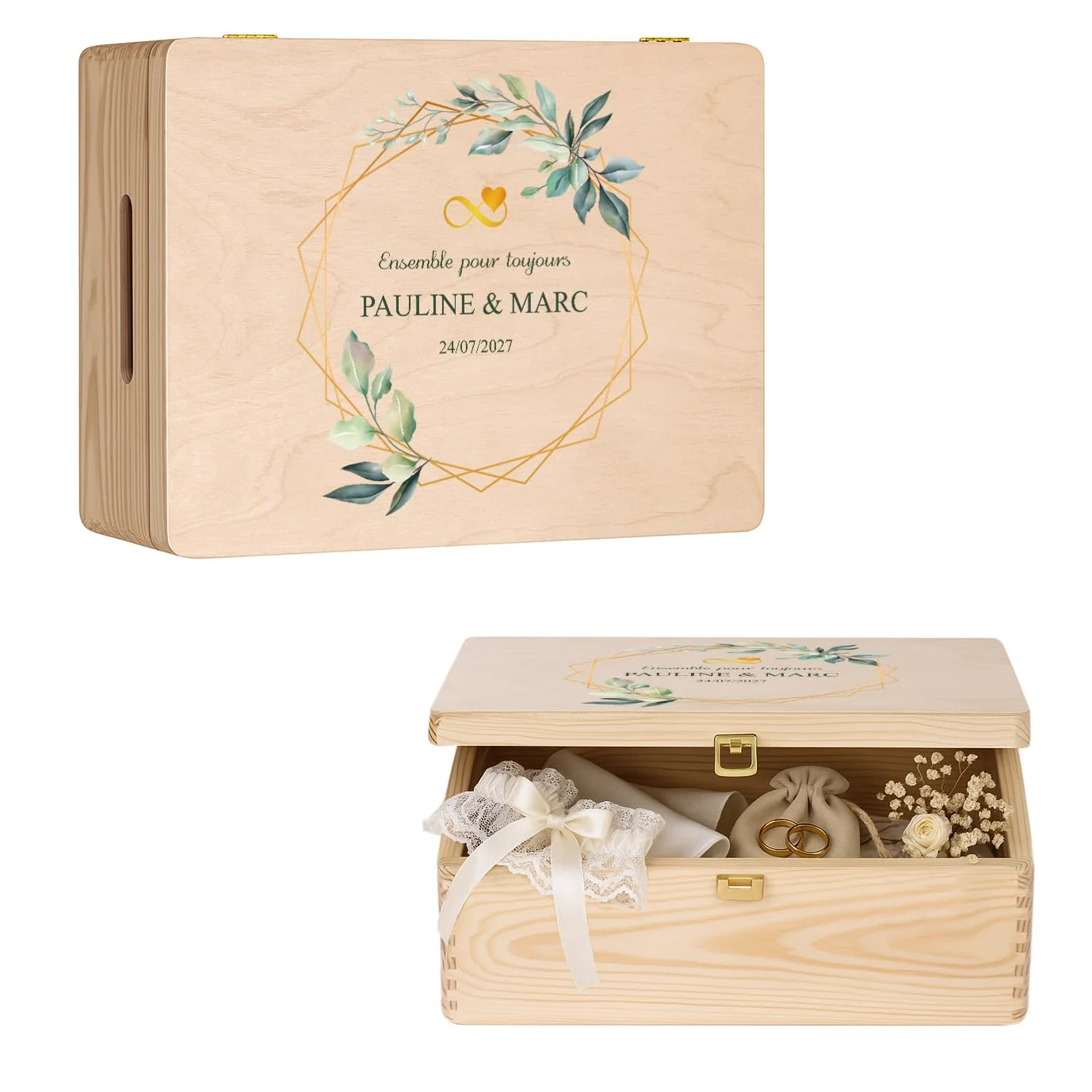 Maverton Boite a Souvenir Personnalisable - Cadeau Personnalisé pour couple - L/XL Boite de Rangement avec Couvercle en Bois de Pin Naturel - Cadeau Noel - Cadeau Mariage Anniversaire Amoureux